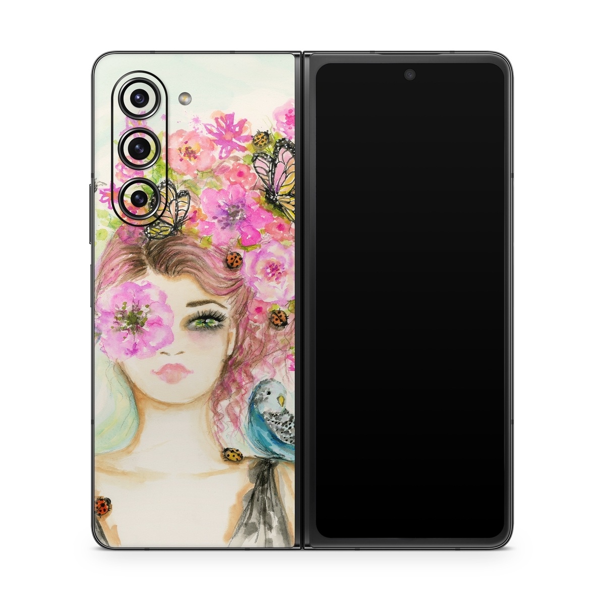 Samsung Galaxy Z Fold5 Skin design of Pink, Illustration, Fashion illustration, Watercolor paint, Fictional character, Dress, Hair accessory, Wildflower, Costume, Plant, with blue, pink, yellow, orange, purple, brown, green colors