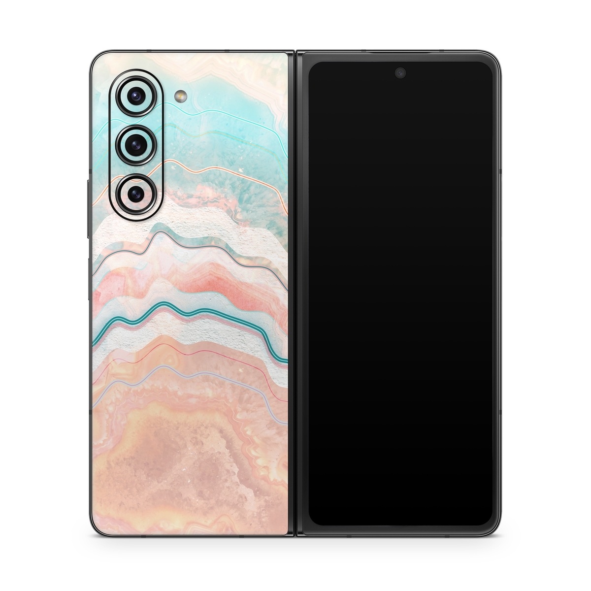 Samsung Galaxy Z Fold5 Skin design of Aqua, Line, Pattern, Watercolor paint, Design, Illustration, Art, with blue, pink, white, orange, yellow colors