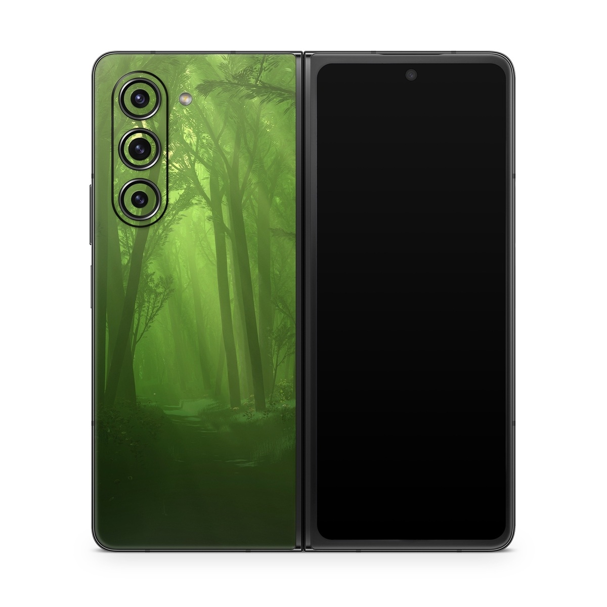 Samsung Galaxy Z Fold5 Skin design of Nature, Green, Forest, Old-growth forest, Woodland, Natural environment, Vegetation, Tree, Natural landscape, Atmospheric phenomenon, with black, green colors