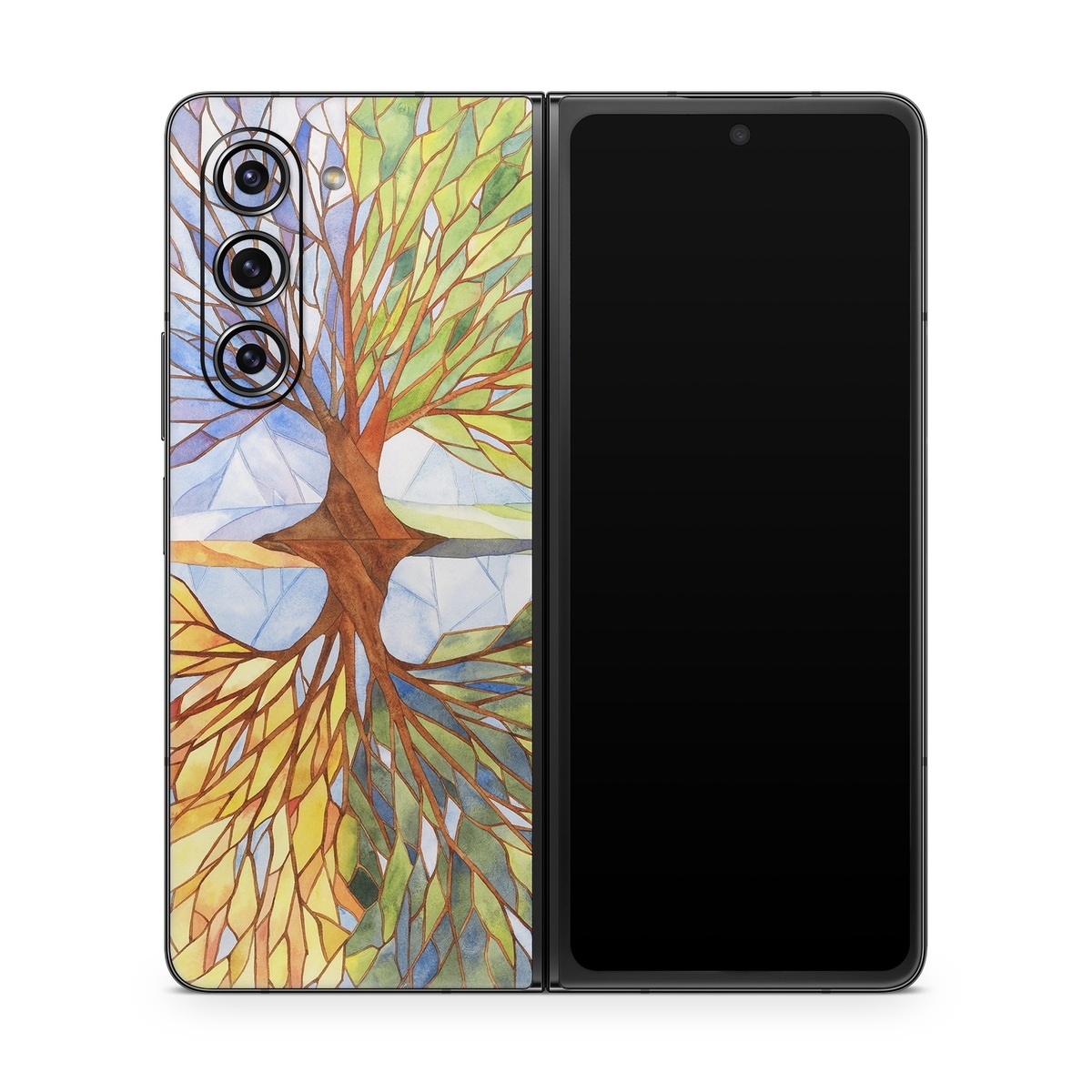 Samsung Galaxy Z Fold5 Skin design of Leaf, Tree, Botany, Plant, Symmetry, Art, Pattern, Painting, Plant stem, Plane, with blue, brown, orange, yellow, red, purple colors