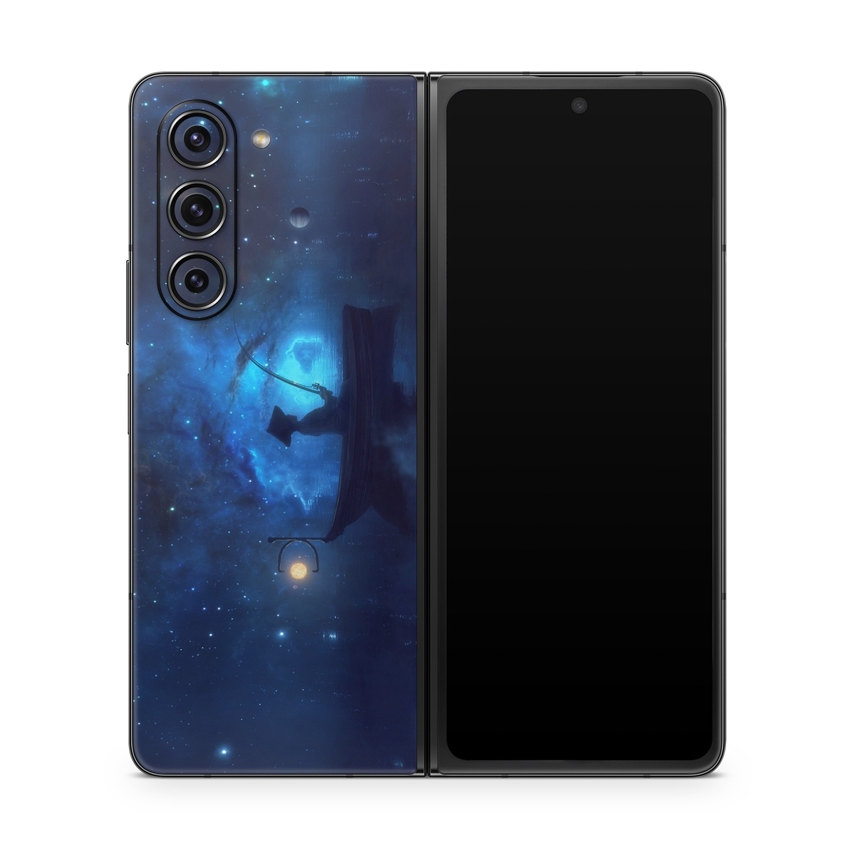 Samsung Galaxy Z Fold5 Skin design of Sky, Night, Atmosphere, Light, Atmospheric phenomenon, Darkness, Screenshot, Space, Midnight, Moonlight, with white, blue, black, green, orange colors