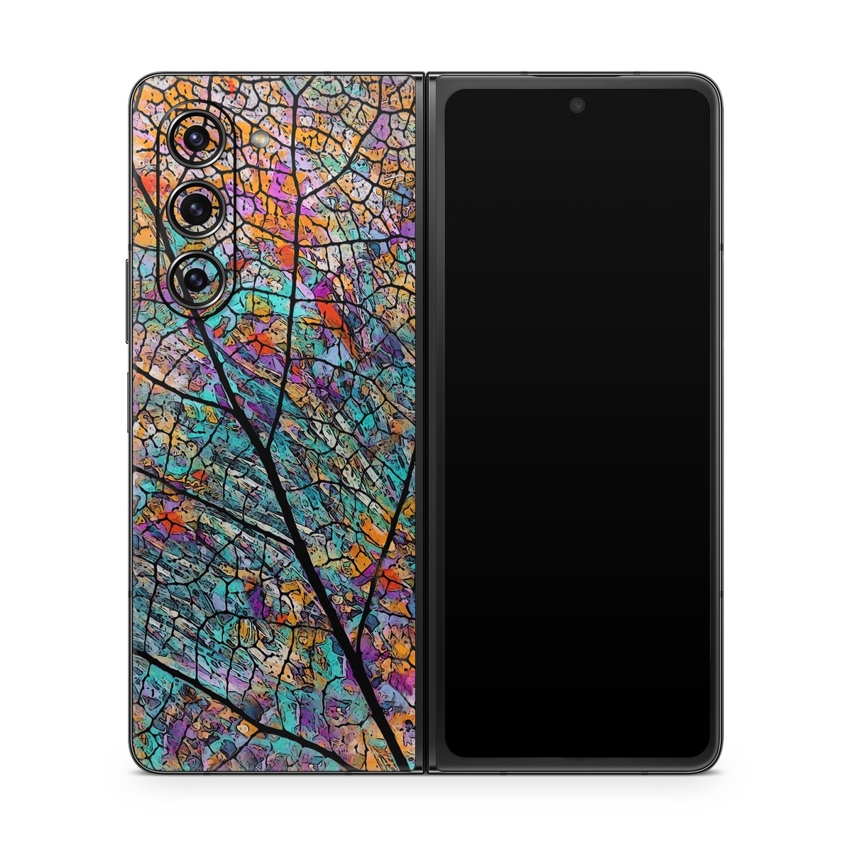 Samsung Galaxy Z Fold5 Skin design of Pattern, Colorfulness, Line, Branch, Tree, Leaf, Design, Visual arts, Glass, Plant, with black, gray, red, blue, green colors