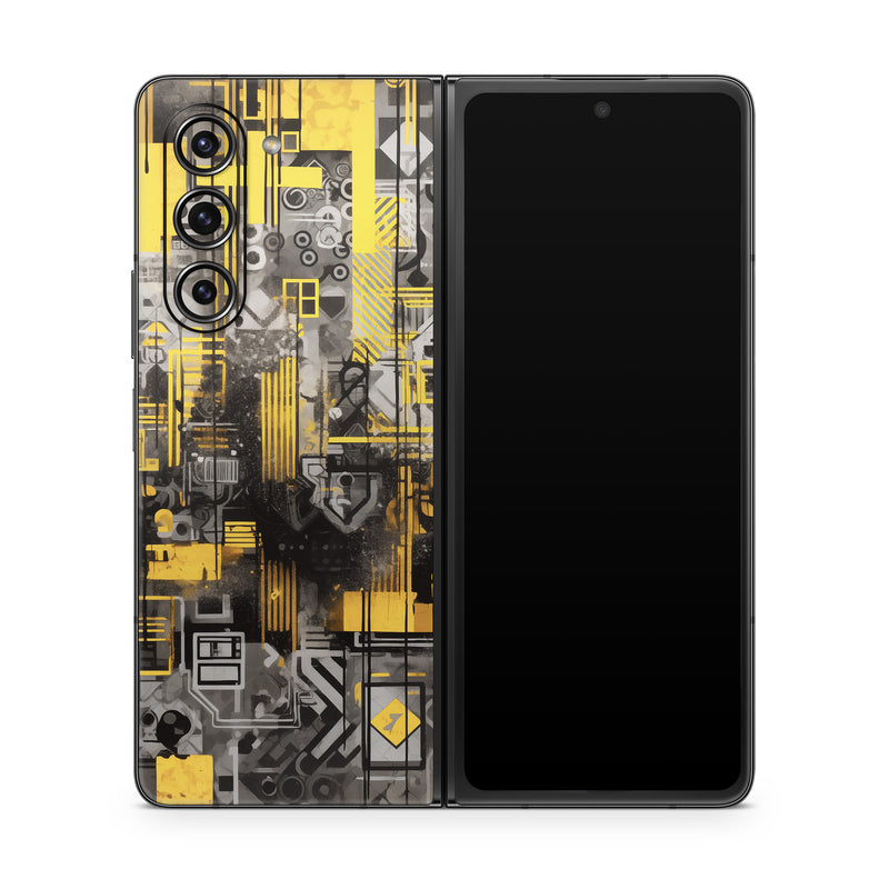 Samsung Galaxy Z Fold5 Skin design of Rectangle, Yellow, Font, Art, City, Engineering, Tints and shades, Pattern, Symmetry, Space, with black, white, gray, yellow colors