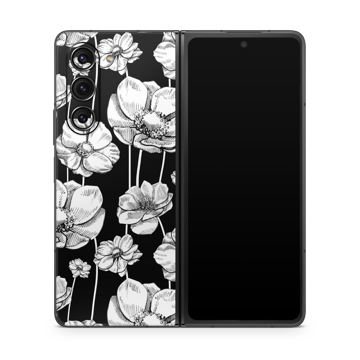 Samsung Galaxy Z Fold5 Skin design of Flower, Black-and-white, Plant, Botany, Petal, Design, Wildflower, Monochrome photography, Pattern, Monochrome, with black, gray, white colors