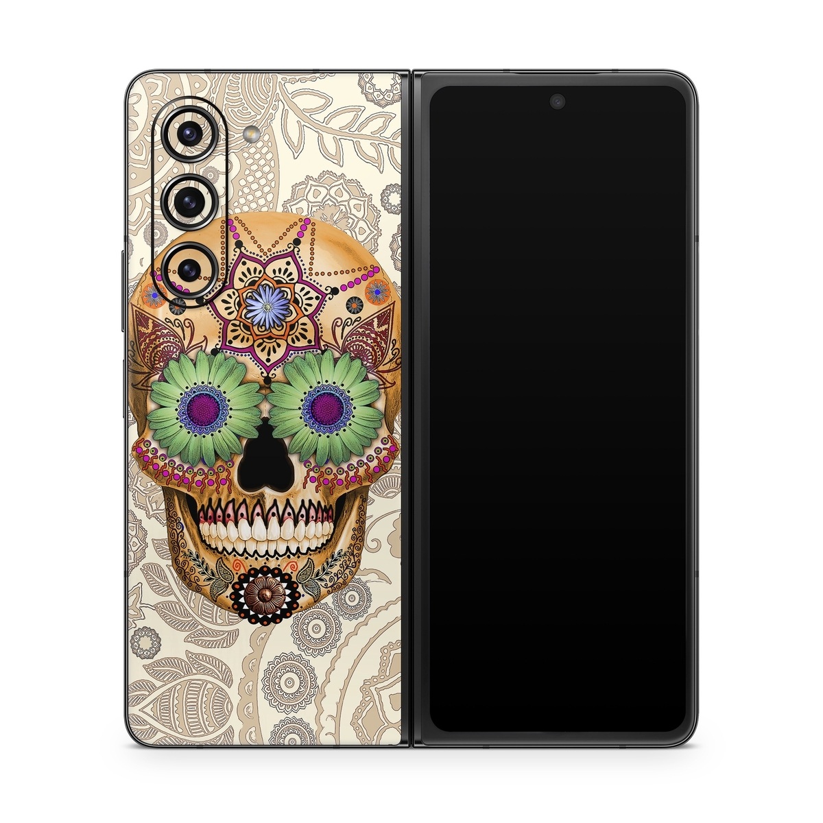 Samsung Galaxy Z Fold5 Skin design of Skull, Bone, Pattern, Design, Illustration, Visual arts, Fashion accessory, Art, with gray, yellow, green, black, red, pink colors