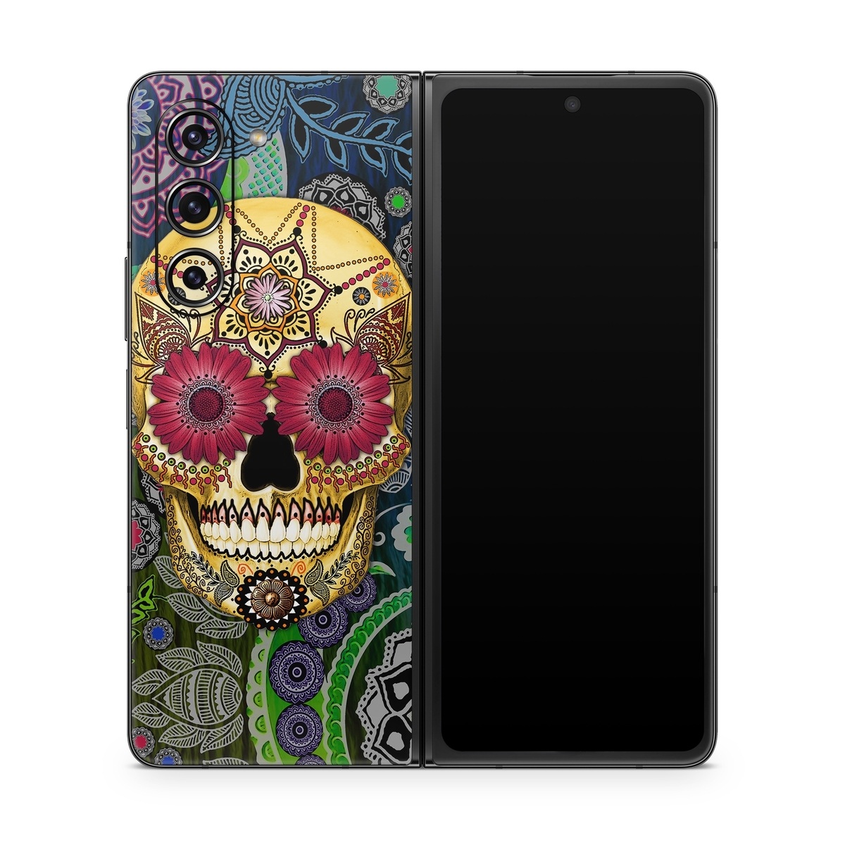 Samsung Galaxy Z Fold5 Skin design of Skull, Bone, Pattern, Psychedelic art, Visual arts, Design, Illustration, Art, Textile, Plant, with black, red, gray, green, blue colors