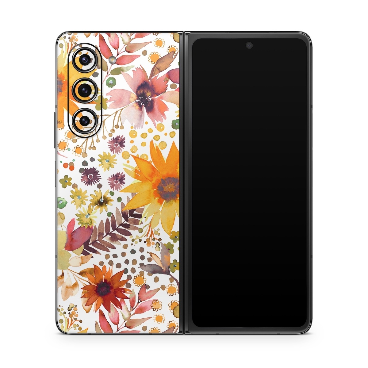 Samsung Galaxy Z Fold5 Skin design of Flower, Plant, Petal, Botany, Textile, Orange, Line, Groundcover, Creative arts, Flowering plant, with white, yellow, pink, green, brown, orange colors