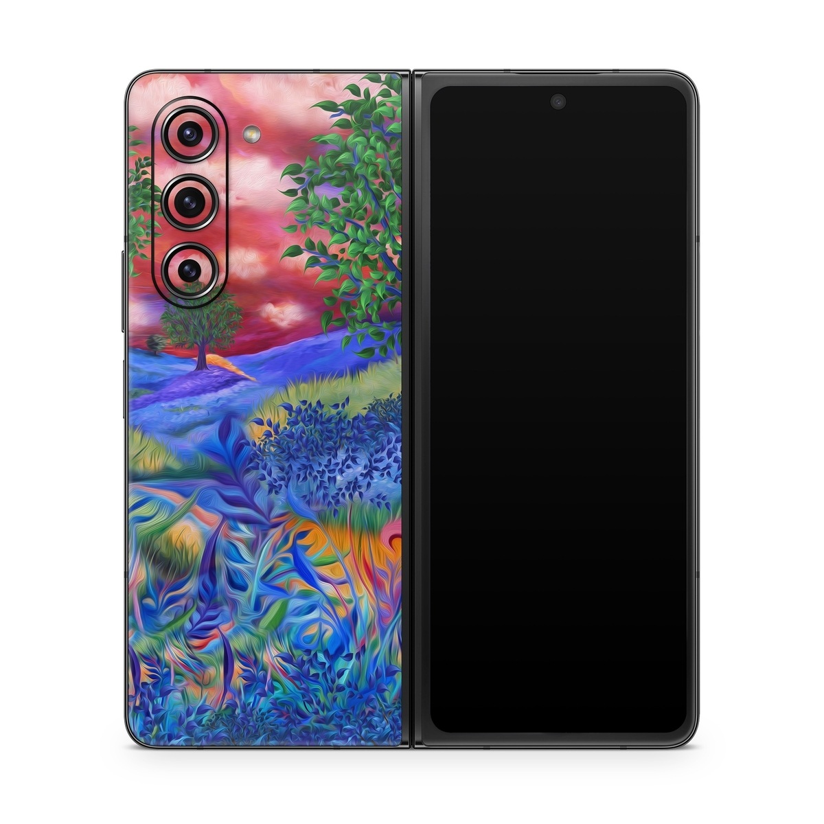 Samsung Galaxy Z Fold5 Skin design of Art paint, Plant, Plant community, Paint, Natural landscape, People in nature, Vegetation, Grass, Art, Painting, with blue, red, green, orange, yellow, pink, white colors
