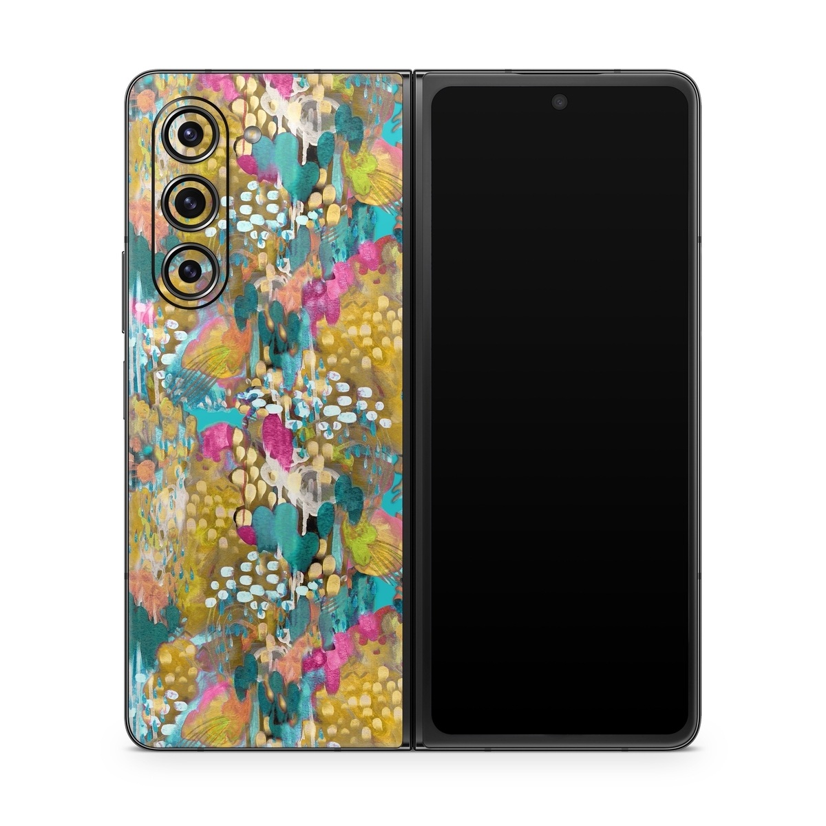Samsung Galaxy Z Fold5 Skin design of Pattern, Textile, Design, Art, Visual arts, Wildflower, with green, gray, blue, black, red colors