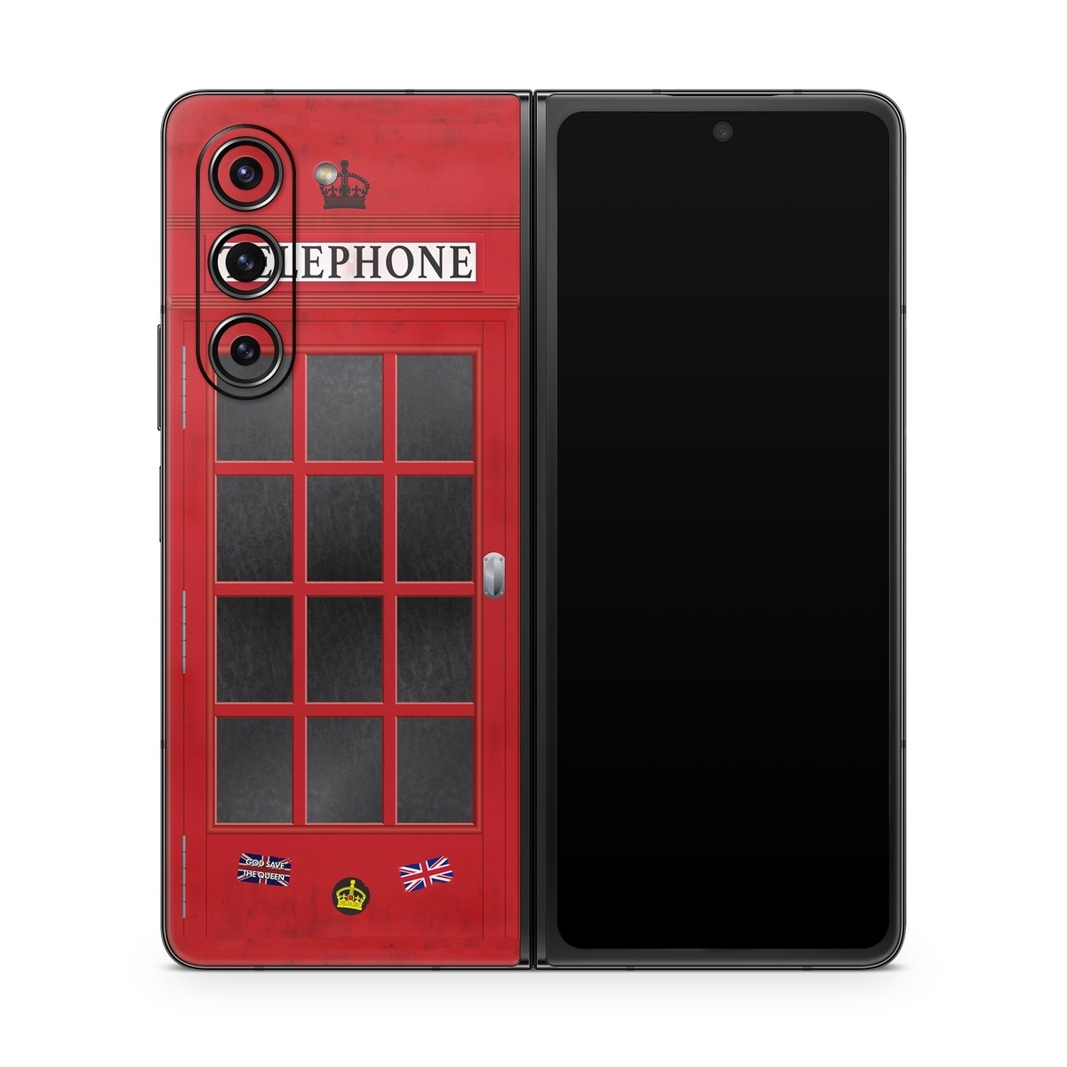 Samsung Galaxy Z Fold5 Skin design of Red, Font, Building, Telephone Booth, Facade, with red, black, gray, white, blue, yellow colors