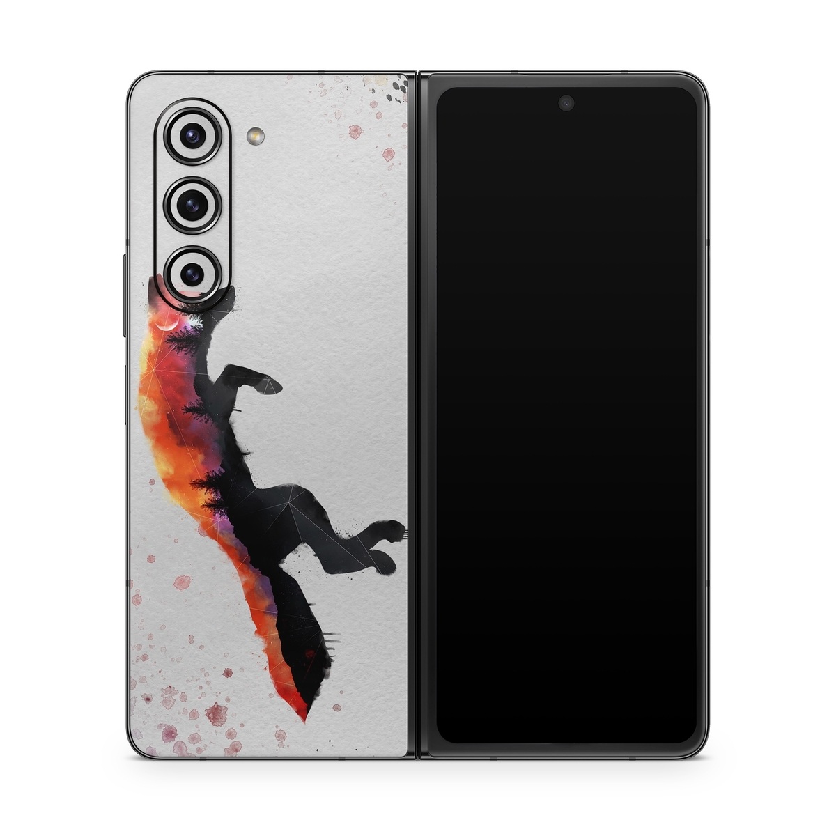 Samsung Galaxy Z Fold5 Skin design of Illustration, Watercolor paint, Art, Graphic design, Painting, Red fox, Visual arts, Paint, Drawing, Tail, with gray, black, red, yellow, orange, white colors