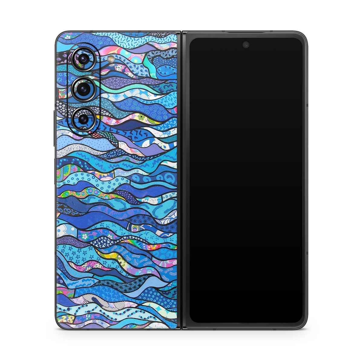 Samsung Galaxy Z Fold5 Skin design of Blue, Pattern, Aqua, Water, Line, Design, Textile, Psychedelic art, Electric blue, with blue, black, gray, purple colors