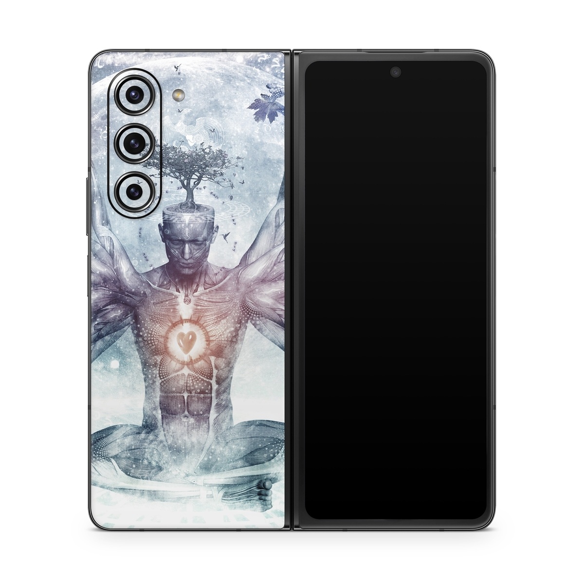 Samsung Galaxy Z Fold5 Skin design of Mythology, Cg artwork, Water, Illustration, Fictional character, Space, Graphics, Art, Graphic design, with blue, red, orange, black, white colors