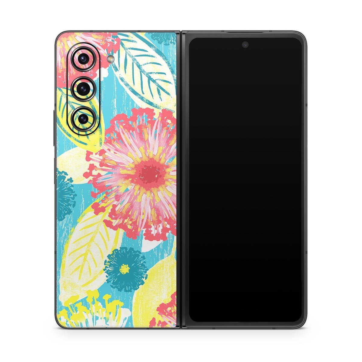 Samsung Galaxy Z Fold5 Skin design of Pattern, Design, Flower, Floral design, Plant, Textile, Wrapping paper, Wildflower, Visual arts, with pink, gray, blue, yellow colors
