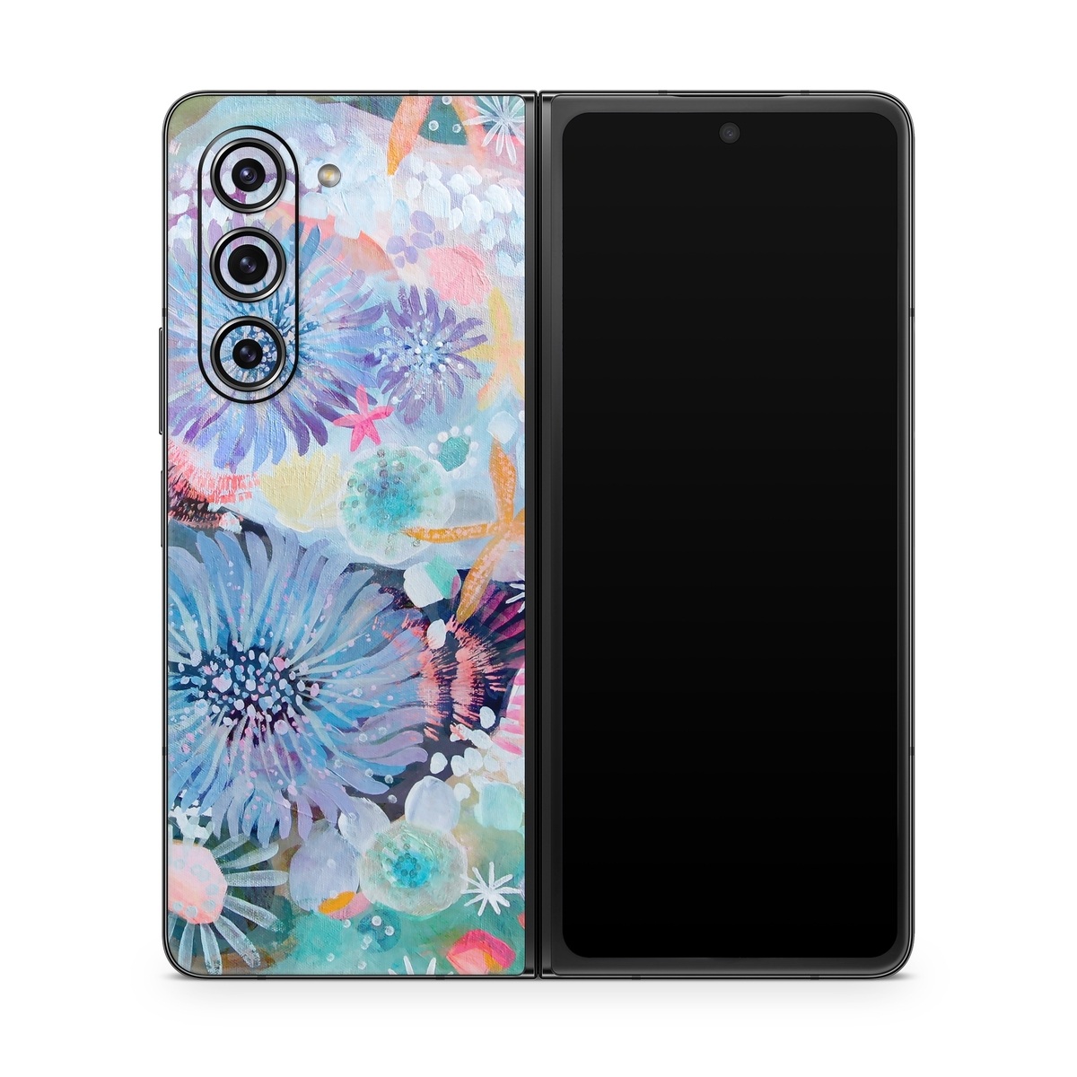 Samsung Galaxy Z Fold5 Skin design of Pattern, Aqua, Textile, Design, Watercolor paint, Visual arts, Flower, Art, Plant, Illustration, with blue, orange, pink, purple, green, white colors