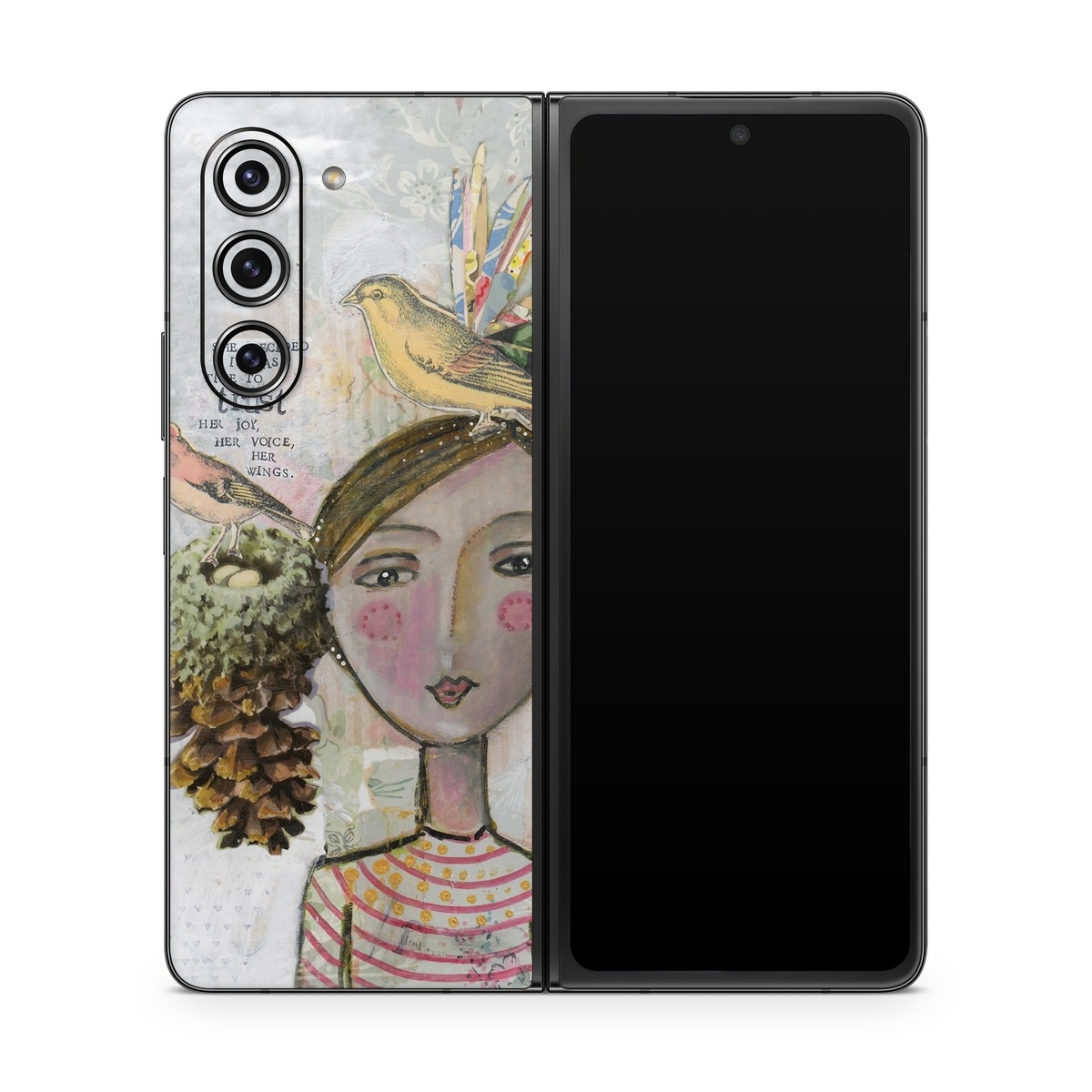 Samsung Galaxy Z Fold5 Skin design of Watercolor paint, Illustration, Art, Painting, Child art, Fictional character, Visual arts, Fashion illustration, Feather, Drawing, with gray, brown, pink, yellow, red, green, blue colors
