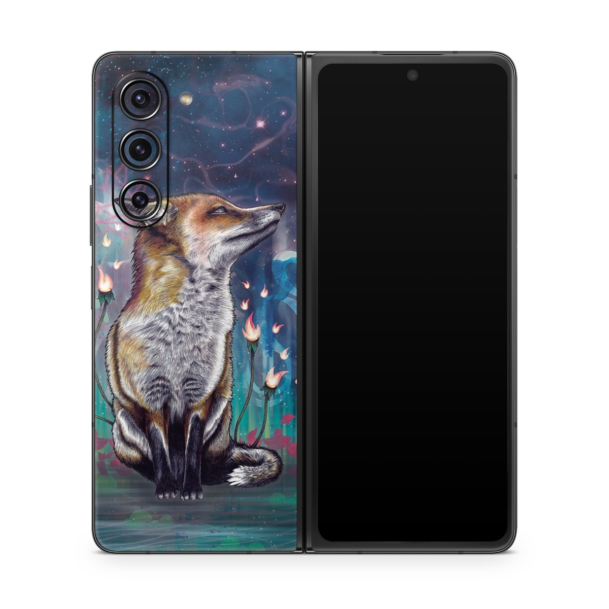 Samsung Galaxy Z Fold5 Skin design of Red fox, Art, Wildlife, Canidae, Illustration, Fox, Carnivore, Painting, Dhole, Red wolf, with black, gray, blue, red, green colors