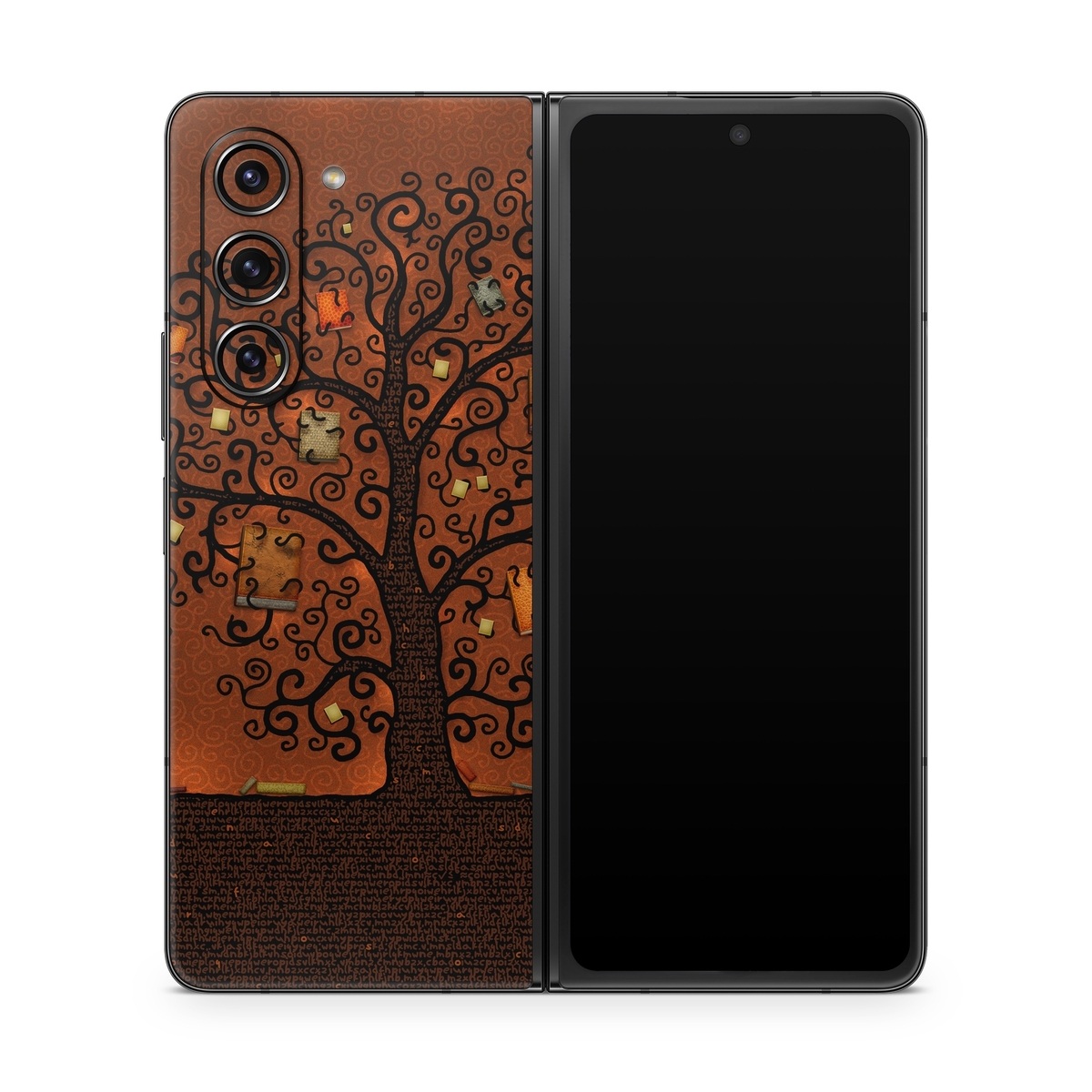 Samsung Galaxy Z Fold5 Skin design of Tree, Brown, Leaf, Plant, Woody plant, Branch, Visual arts, Font, Pattern, Art, with black colors