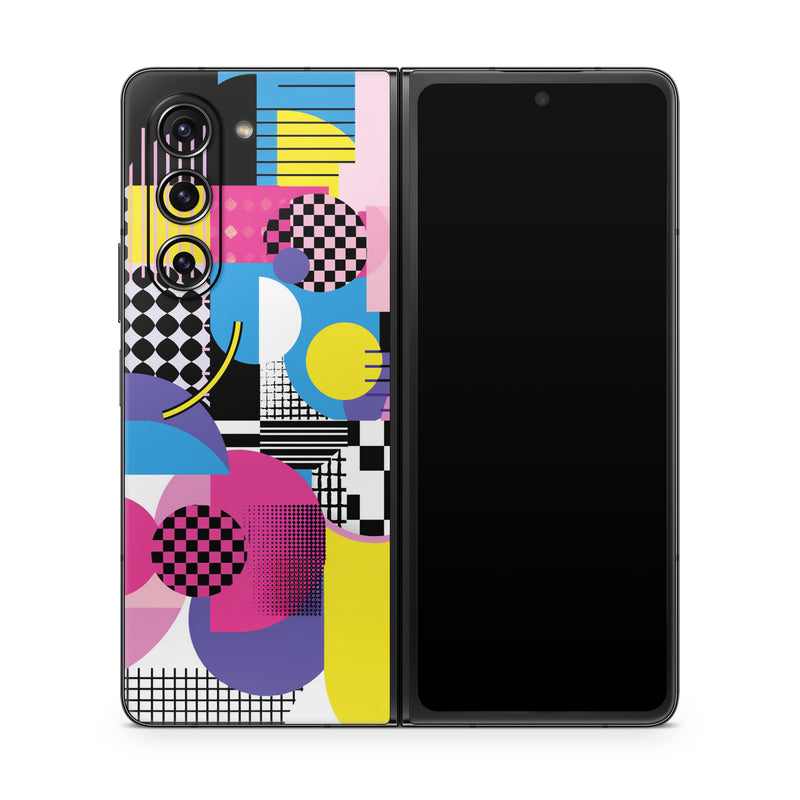 Samsung Galaxy Z Fold5 Skin design of Rectangle, Textile, Art, Font, Line, Material property, Magenta, Pattern, Circle, Tints and shades, with pink, yellow, white, black, purple, blue colors