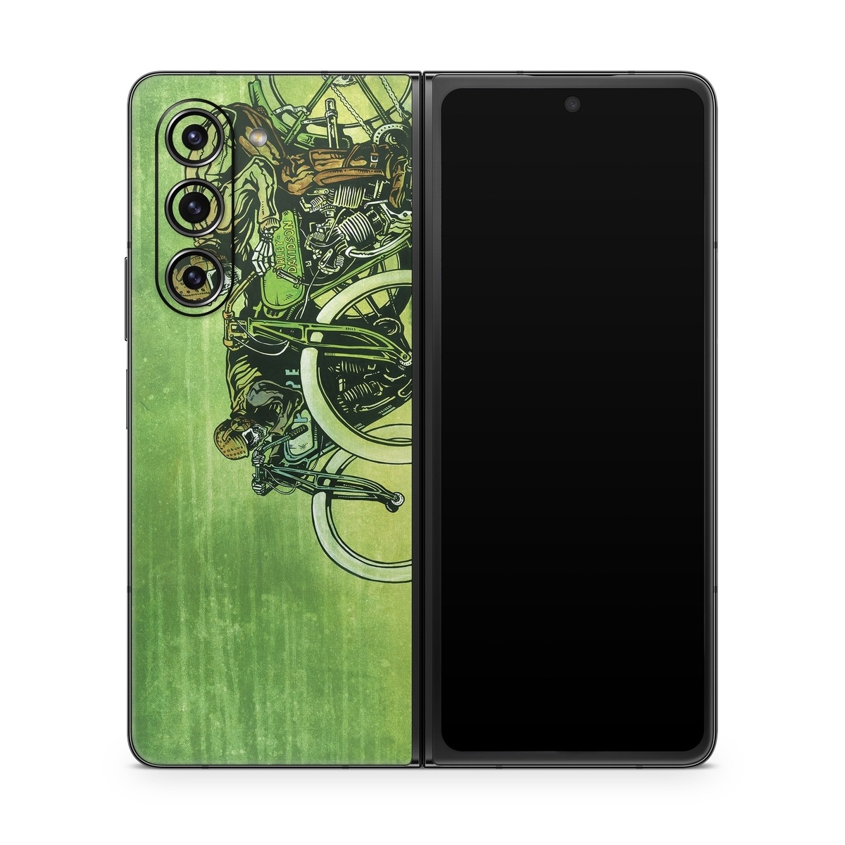 Samsung Galaxy Z Fold5 Skin design of Tire, Wheel, Bicycle, Bicycle tire, Automotive tire, Crankset, Bicycle handlebar, Motor vehicle, Bicycle wheel, Bicycle part, with green, gray, white, black, brown colors
