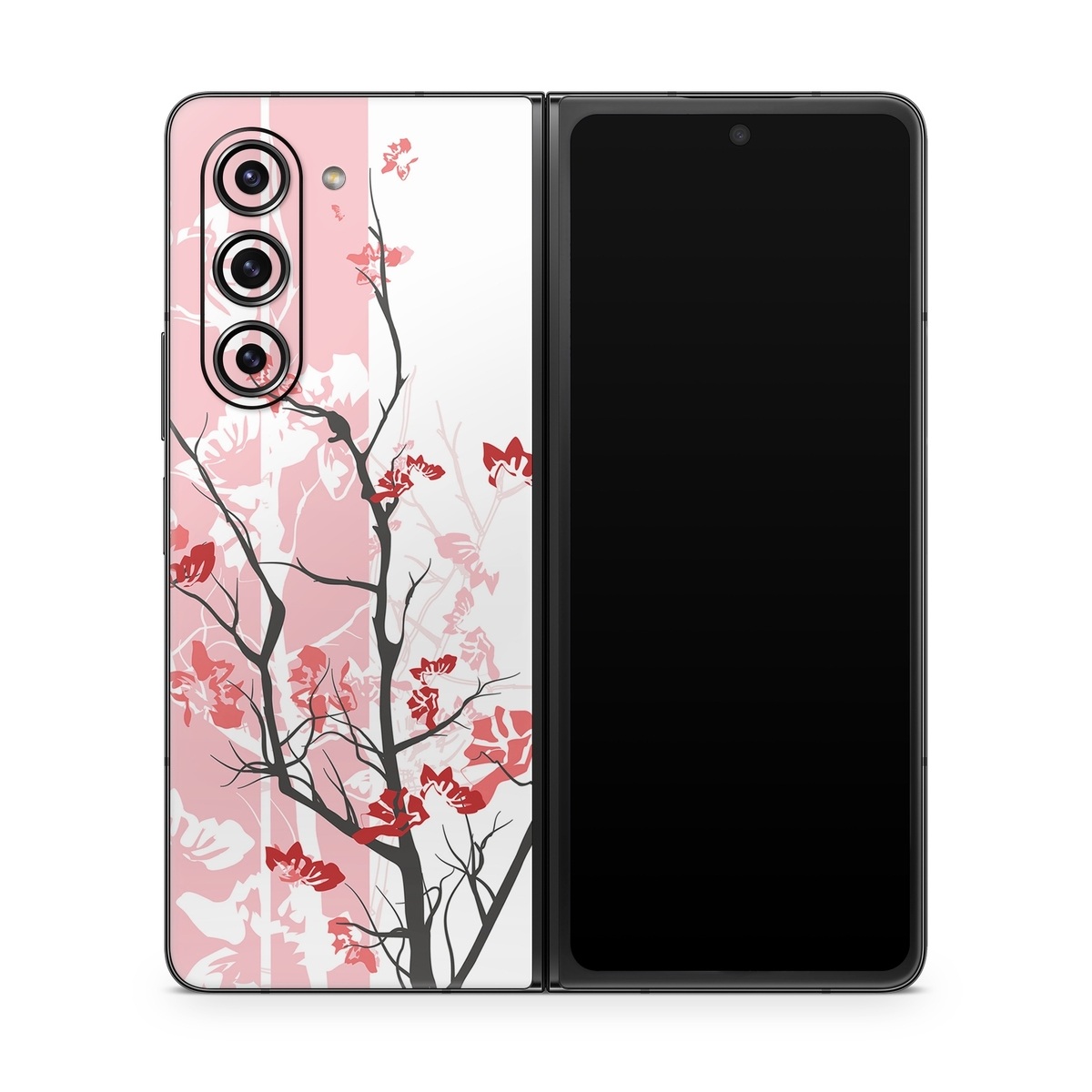Samsung Galaxy Z Fold5 Skin design of Branch, Red, Flower, Plant, Tree, Twig, Blossom, Botany, Pink, Spring, with white, pink, gray, red, black colors