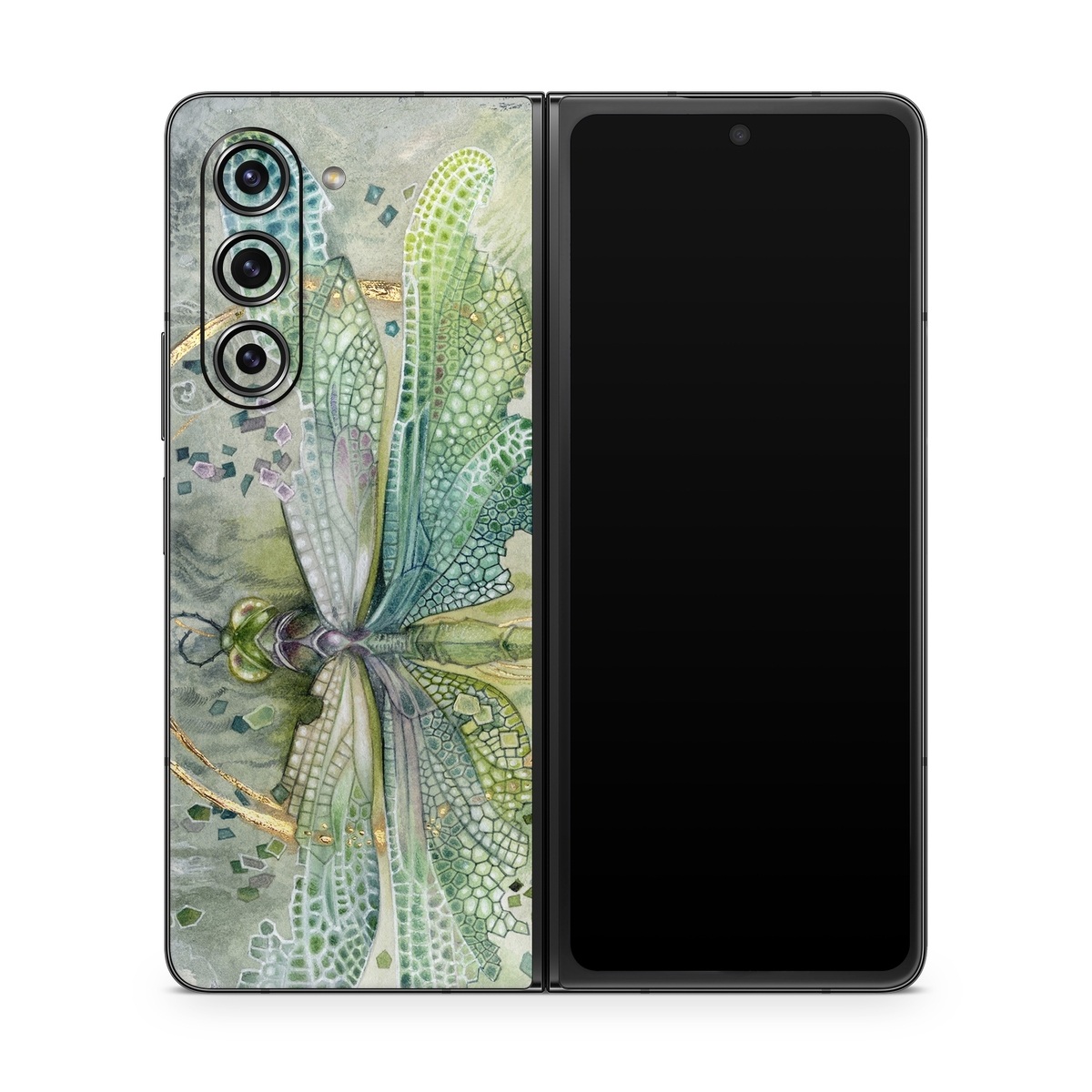 Samsung Galaxy Z Fold5 Skin design of Green, Painting, Watercolor paint, Water, Acrylic paint, Leaf, Visual arts, Plant, Art, Photography, with green, yellow, blue, gray colors
