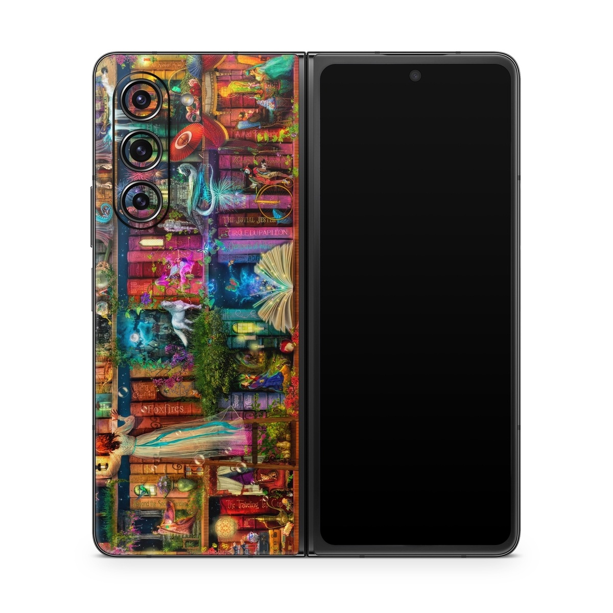 Samsung Galaxy Z Fold5 Skin design of Painting, Art, Theatrical scenery, with black, red, gray, green, blue colors