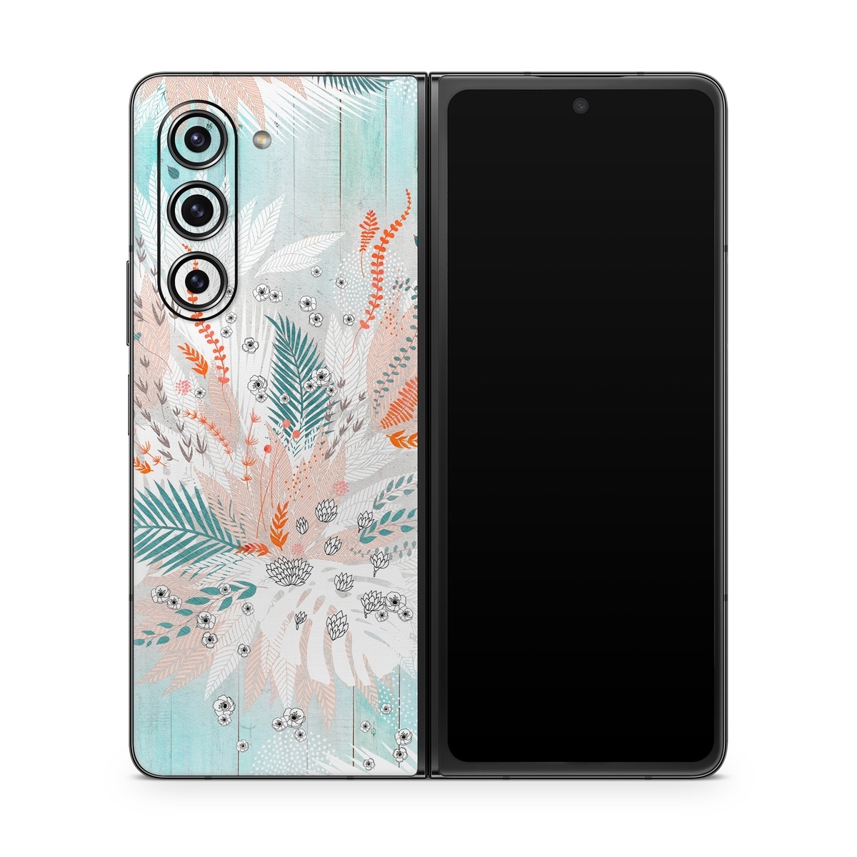 Samsung Galaxy Z Fold5 Skin design of Aqua, Turquoise, Graphic design, Line, Teal, Illustration, Watercolor paint, Design, Tree, Pattern, with blue, red, orange, white, gray colors