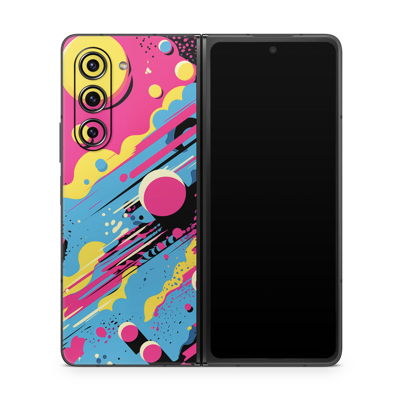 Samsung Galaxy Z Fold5 Skin design of Colorfulness, Paint, Art, Font, Line, Material property, Magenta, Pattern, Illustration, Circle, with pink, yellow, blue, black, white colors