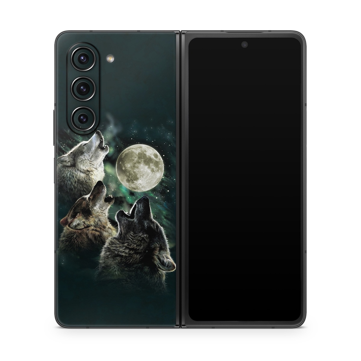 Samsung Galaxy Z Fold5 Skin design of Wolf, Light, Astronomical object, Moon, Wildlife, Organism, Moonlight, Sky, Atmosphere, Celestial event, with black, gray, green colors