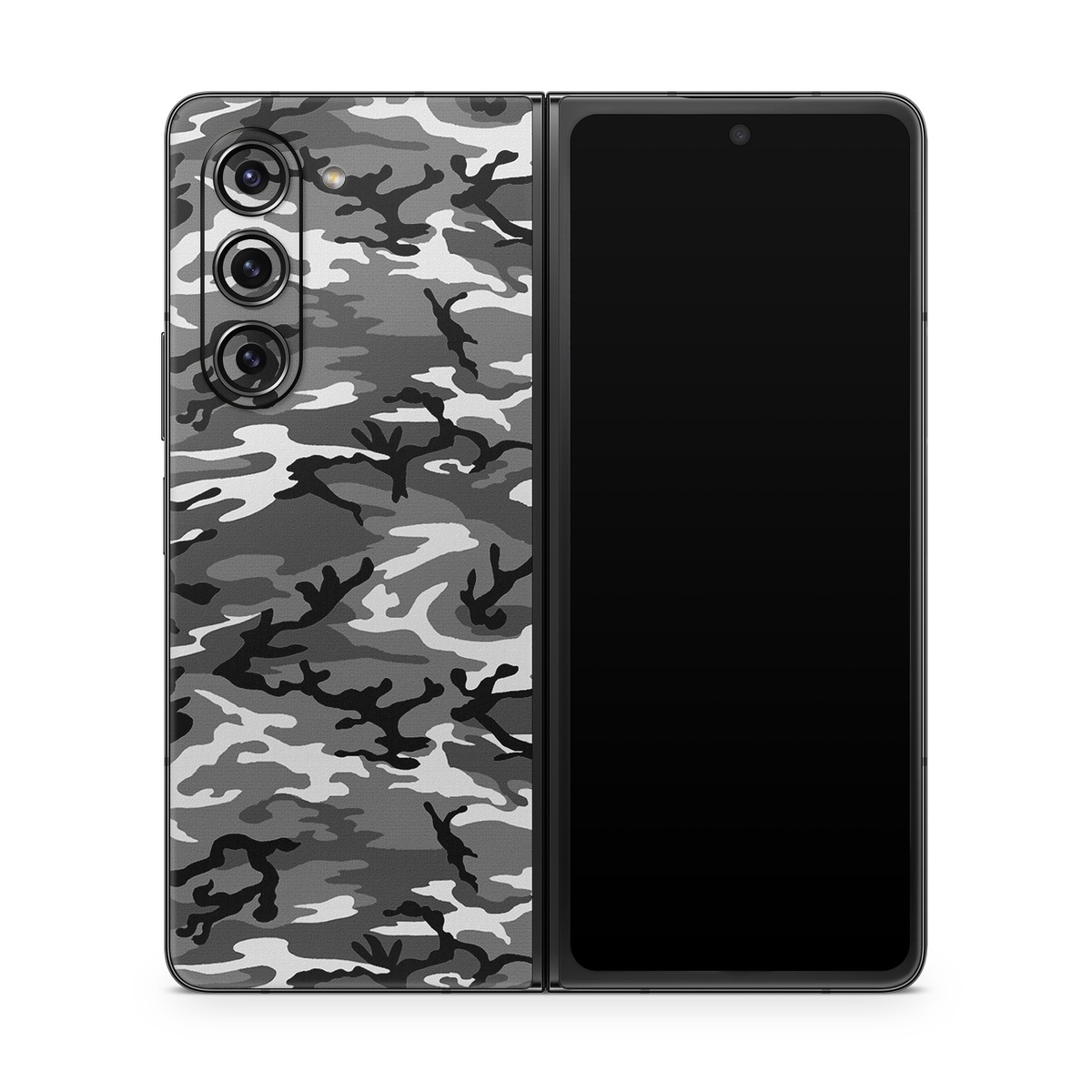 Samsung Galaxy Z Fold5 Skin design of Military camouflage, Pattern, Clothing, Camouflage, Uniform, Design, Textile, with black, gray colors
