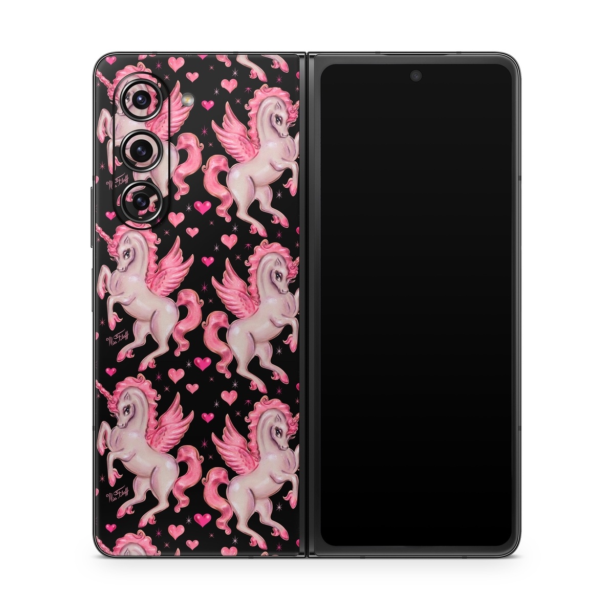 Samsung Galaxy Z Fold5 Skin design of Pink, Pattern, Fictional character, Design, Illustration, Font, Unicorn, Graphic design, Mythical creature, Art, with black, pink colors