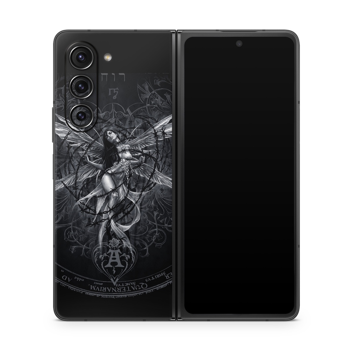 Samsung Galaxy Z Fold5 Skin design of Illustration, Graphic design, Darkness, Fictional character, Black-and-white, Pattern, Graphics, Mythical creature, Circle, Wing, with black, white colors