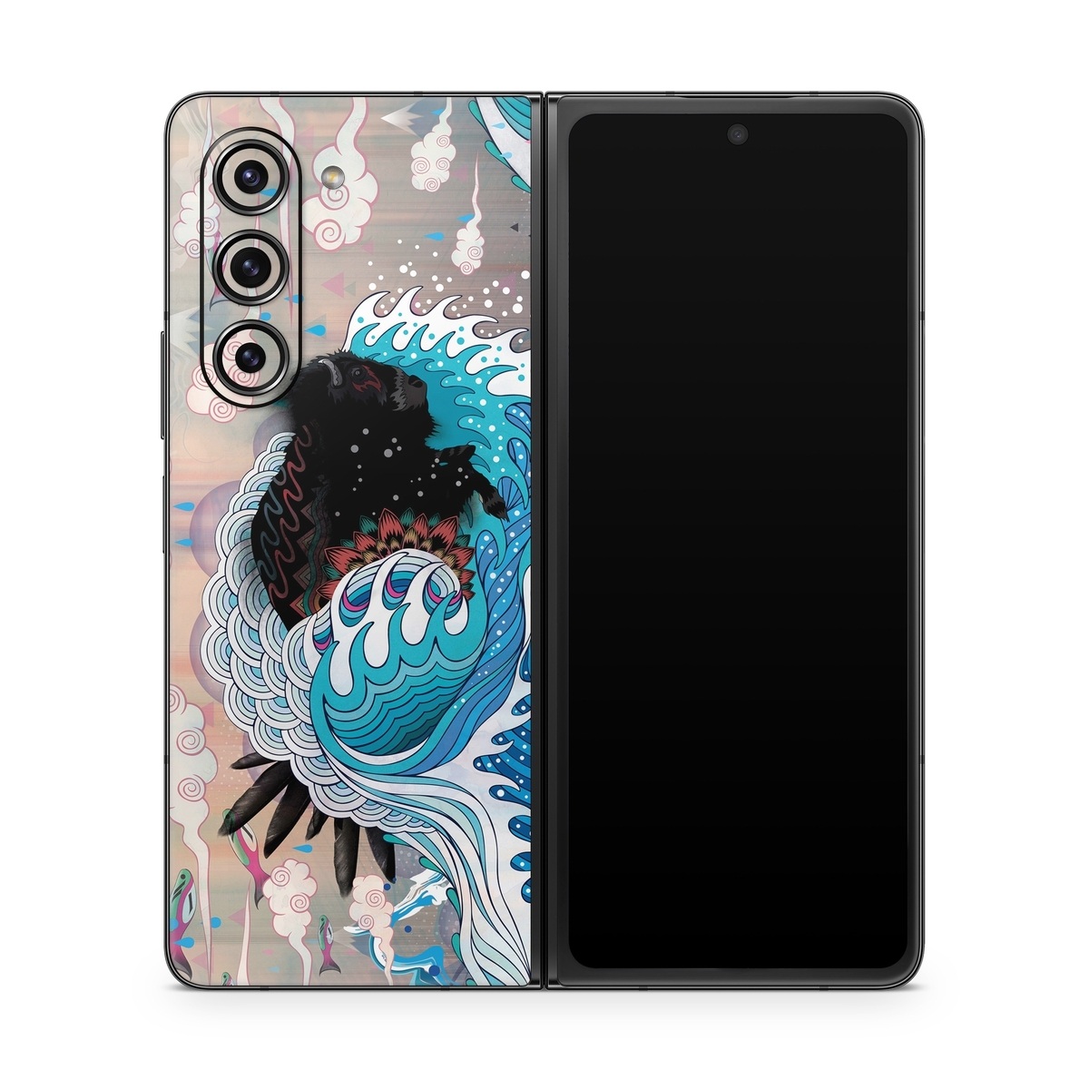 Samsung Galaxy Z Fold5 Skin design of Blue, Turquoise, Illustration, Aqua, Graphic design, Pattern, Art, Design, Graphics, Visual arts, with gray, blue, black, pink, white colors