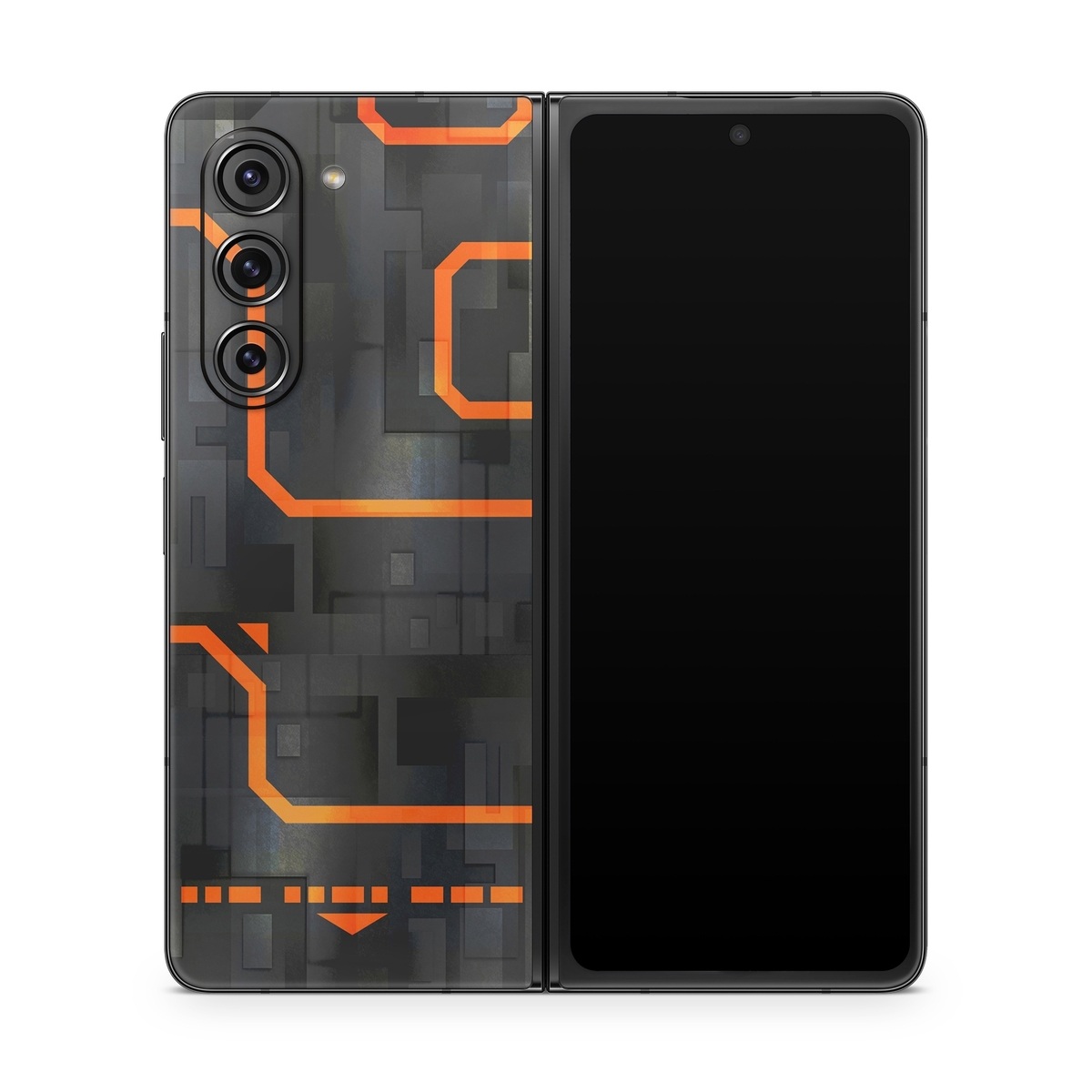 Samsung Galaxy Z Fold5 Skin design of Orange, Font, Parallel, Pattern, Graphics, Rectangle, Logo, Brand, Graphic design, Event, with black, orange colors