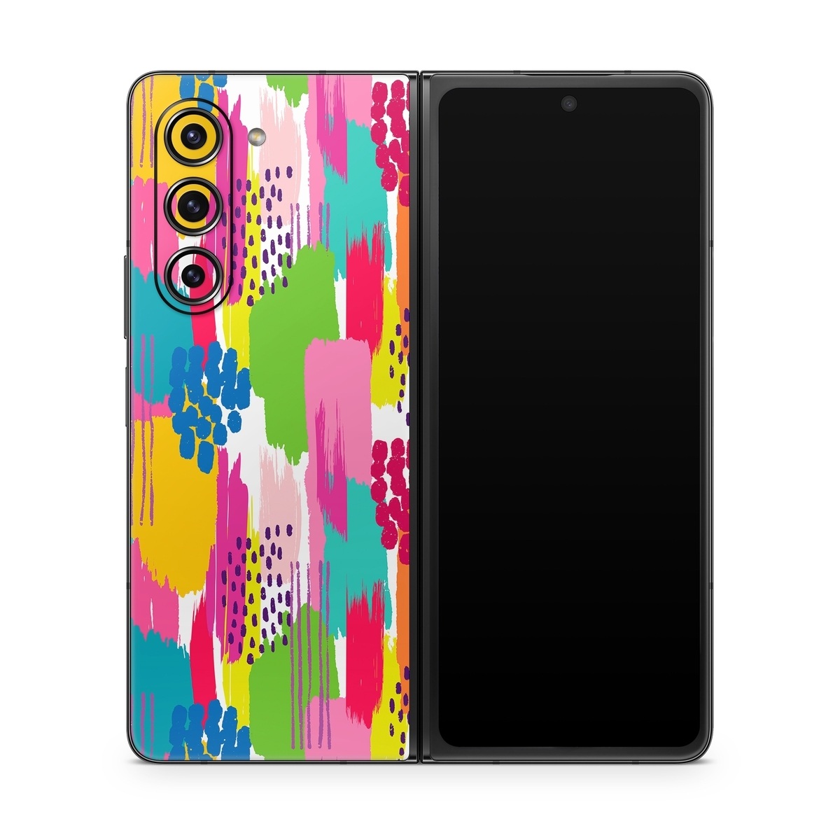 Samsung Galaxy Z Fold5 Skin design of Colorfulness, Textile, Rectangle, Font, Line, Painting, Art, Magenta, Material property, Pattern, with white, pink, yellow, orange, blue, red colors