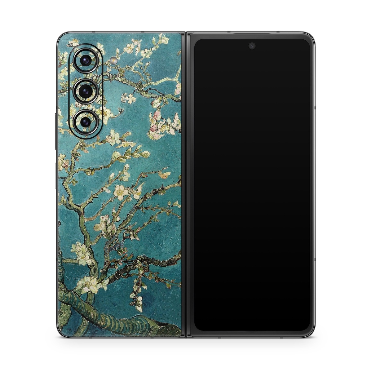Samsung Galaxy Z Fold5 Skin design of Tree, Branch, Plant, Flower, Blossom, Spring, Woody plant, Perennial plant, with blue, black, gray, green colors