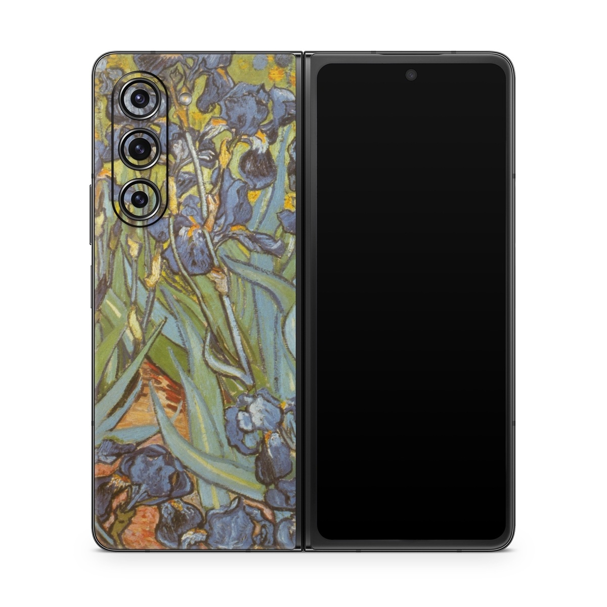 Samsung Galaxy Z Fold5 Skin design of Painting, Plant, Art, Flower, Iris, Modern art, Perennial plant, with gray, green, black, red, blue colors