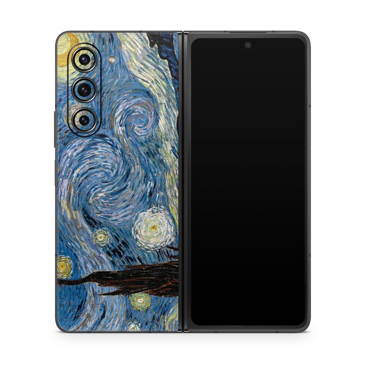 Samsung Galaxy Z Fold5 Skin design of Painting, Purple, Art, Tree, Illustration, Organism, Watercolor paint, Space, Modern art, Plant, with gray, black, blue, green colors