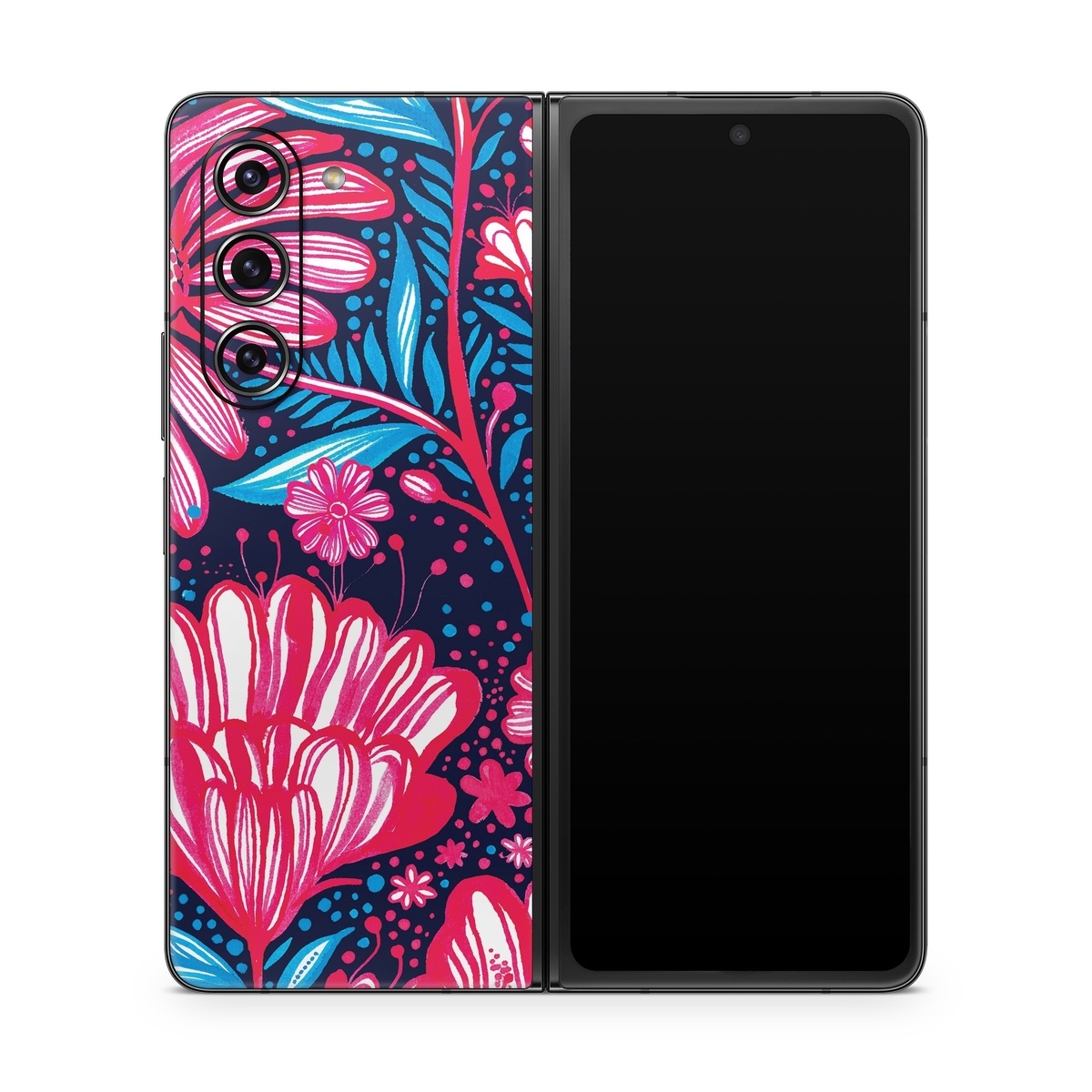 Samsung Galaxy Z Fold5 Skin design of Pattern, Red, Pink, Floral design, Textile, Design, Flower, Plant, Petal, with black, white, red, blue, pink colors