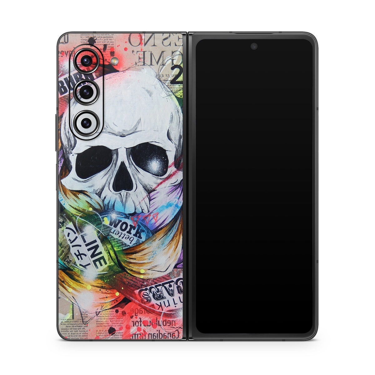 Samsung Galaxy Z Fold5 Skin design of Street art, Text, Graphic design, Font, Illustration, Art, Graffiti, Skull, Poster, Advertising, with gray, black, red, green, blue colors