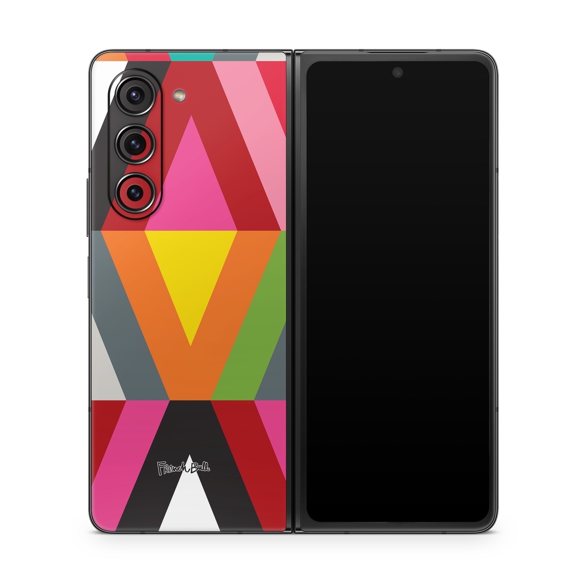Samsung Galaxy Z Fold5 Skin design of Pattern, Orange, Yellow, Graphic design, Colorfulness, Line, Design, Symmetry, Triangle, Font, with black, white, red, orange, pink, blue, green, gray colors