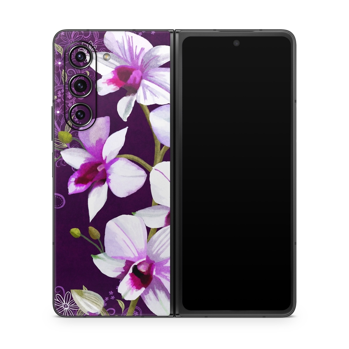 Samsung Galaxy Z Fold5 Skin design of Flower, Purple, Petal, Violet, Lilac, Plant, Flowering plant, cooktown orchid, Botany, Wildflower, with black, gray, white, purple, pink colors