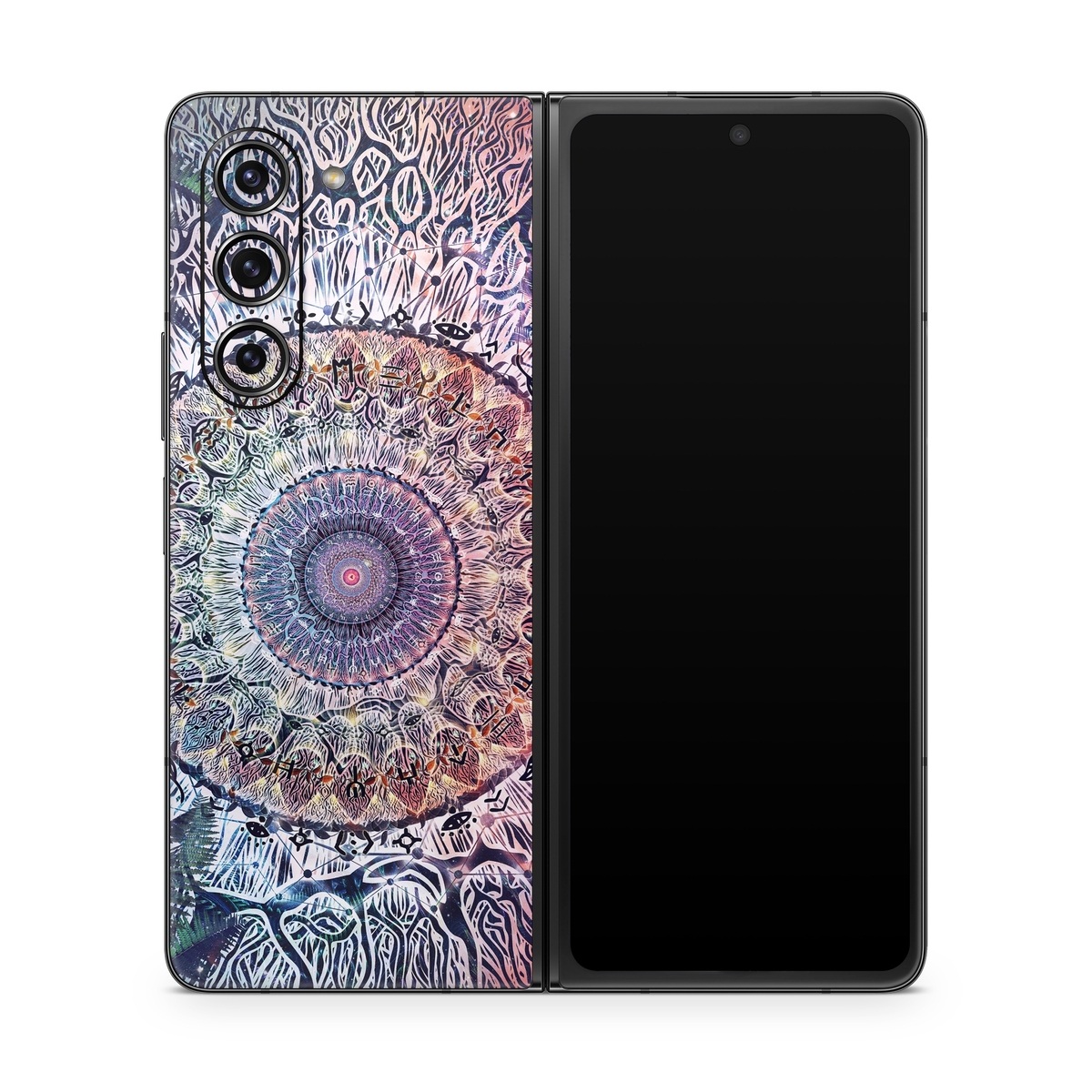 Samsung Galaxy Z Fold5 Skin design of Tapestry, Pattern, Art, Close-up, Circle, Fractal art, Textile, Eye, Design, Kaleidoscope, with blue, red, yellow, purple, green colors
