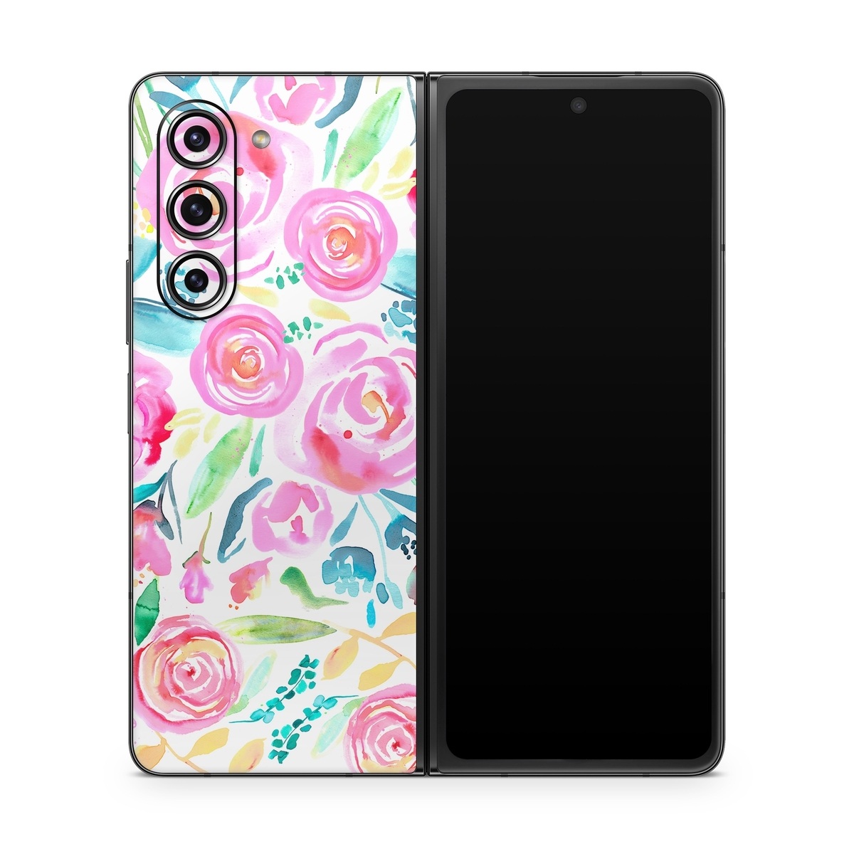 Samsung Galaxy Z Fold5 Skin design of Flower, Plant, Petal, Pink, Art, Material property, Magenta, Flowering plant, Pattern, Rose family, with white, pink, green, blue, yellow colors