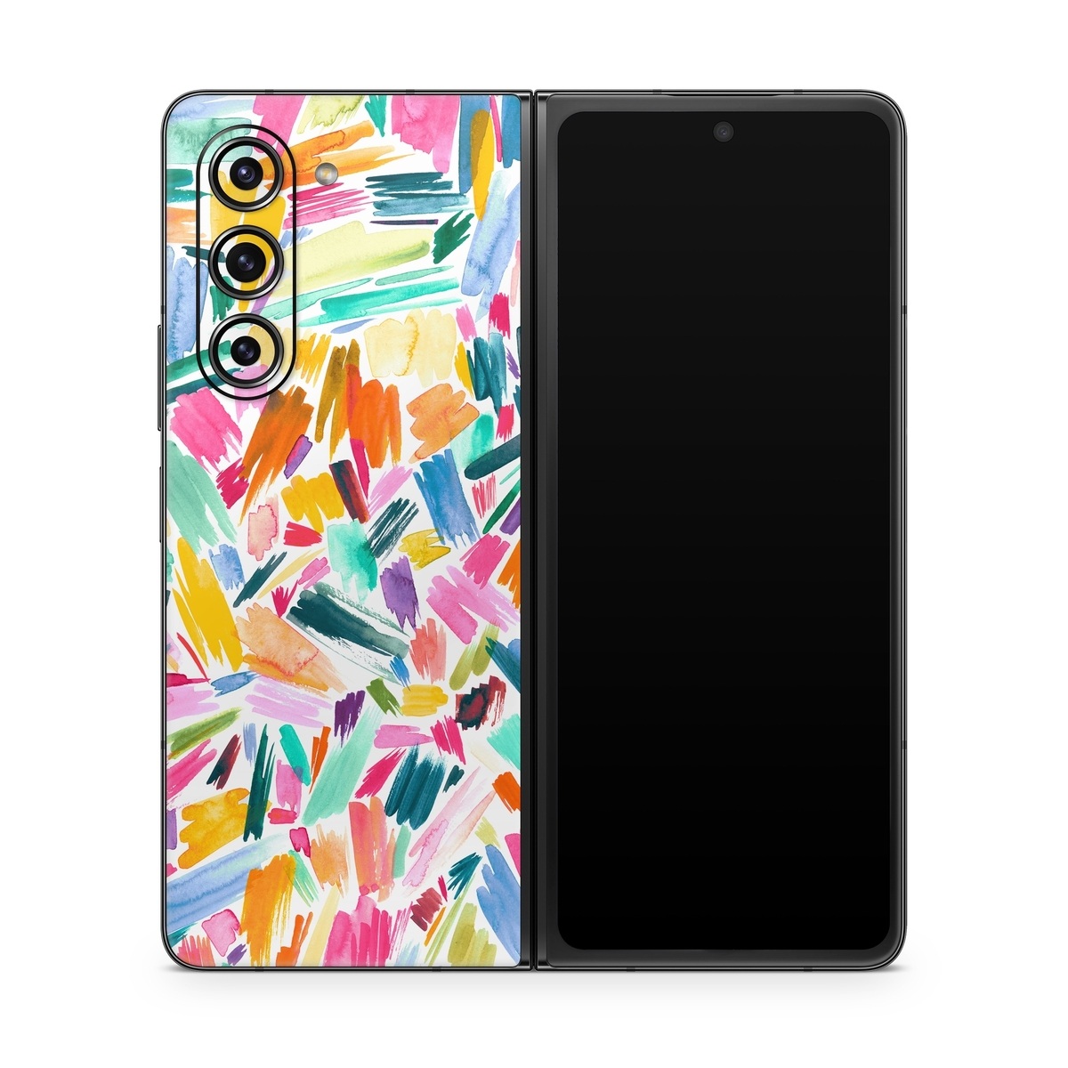 Samsung Galaxy Z Fold5 Skin design of Colorfulness, Art, Triangle, Pattern, Painting, Symmetry, Creative arts, Paint, Electric blue, Art paint, with white, pink, blue, yellow, orange, red, green, gray colors