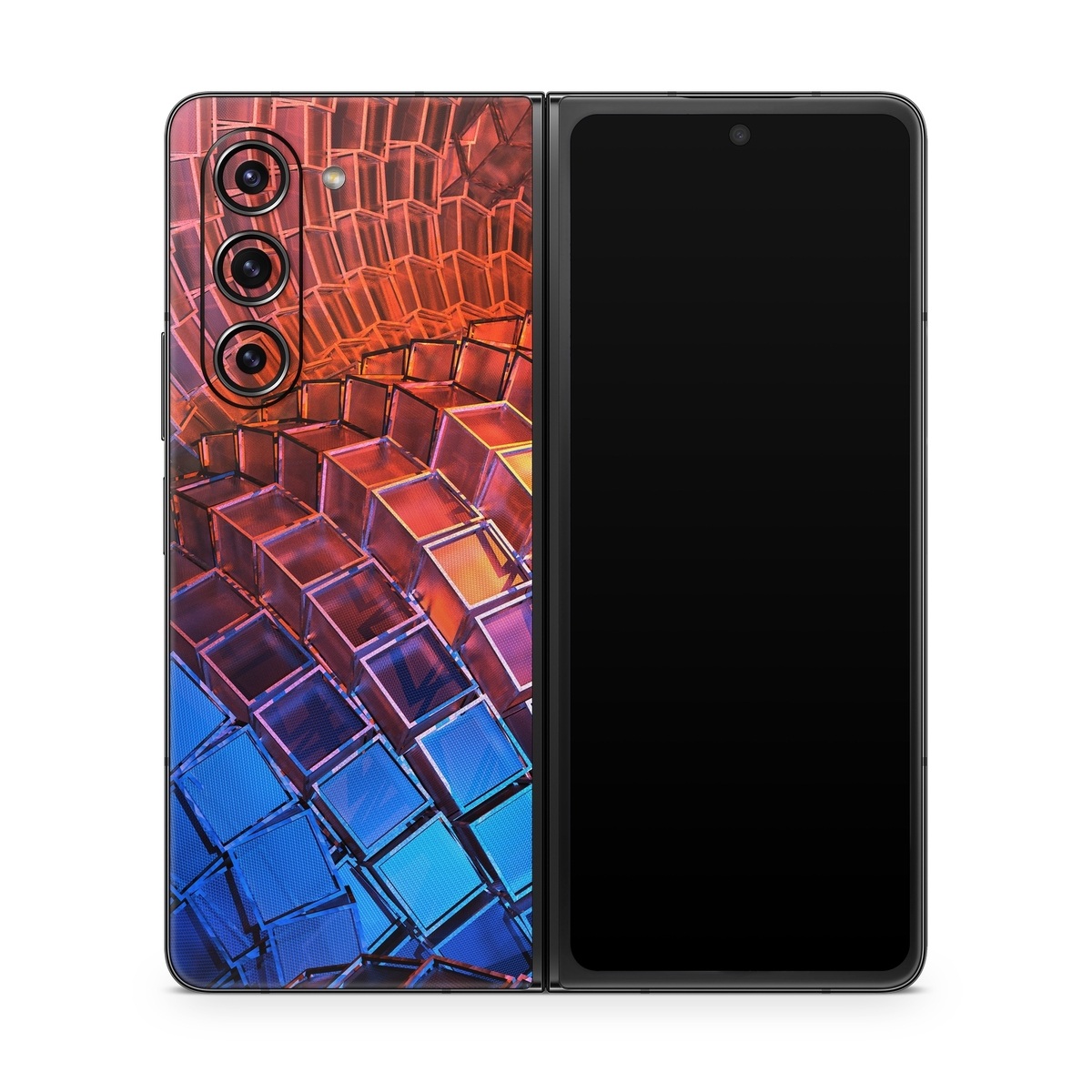 Samsung Galaxy Z Fold5 Skin design of Blue, Red, Orange, Light, Pattern, Architecture, Design, Fractal art, Colorfulness, Psychedelic art, with black, red, blue, purple, gray colors