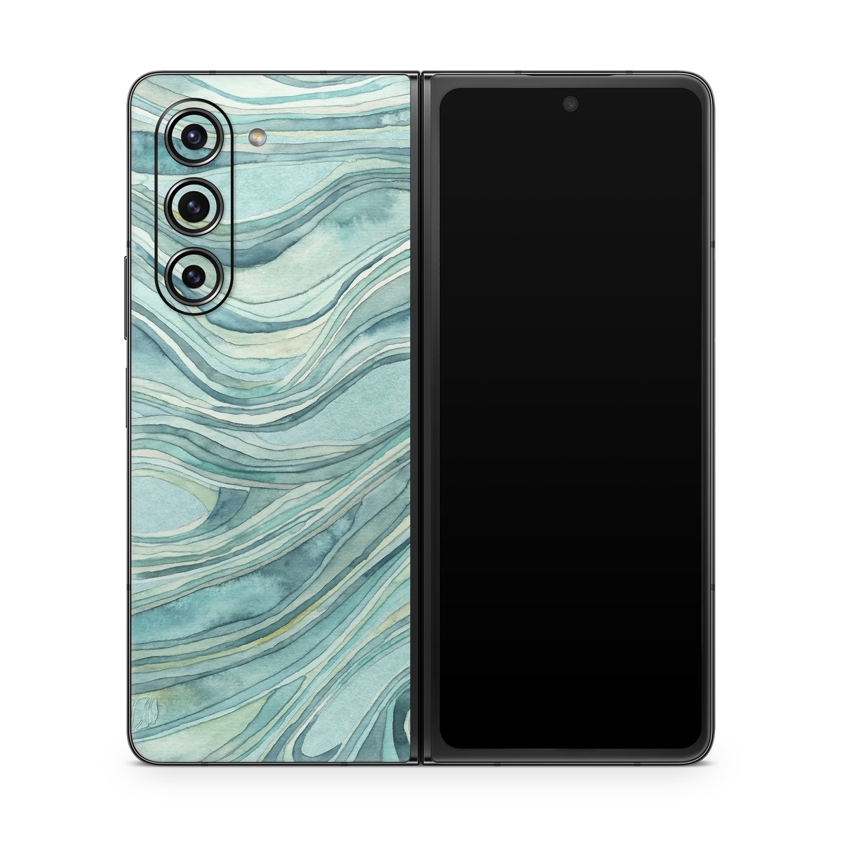Samsung Galaxy Z Fold5 Skin design of Aqua, Blue, Pattern, Turquoise, Teal, Water, Design, Line, Wave, Textile, with gray, blue colors