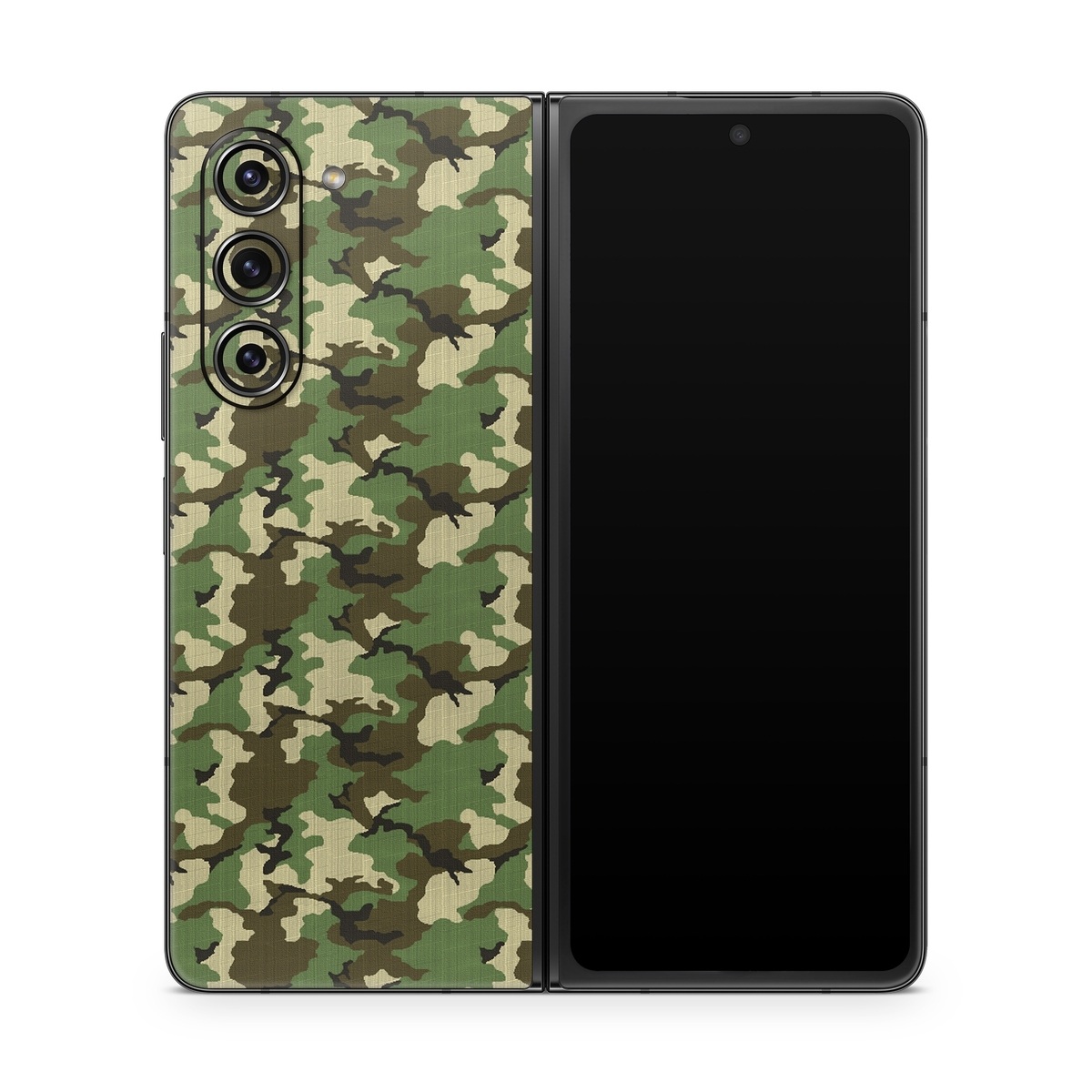 Samsung Galaxy Z Fold5 Skin design of Military camouflage, Camouflage, Clothing, Pattern, Green, Uniform, Military uniform, Design, Sportswear, Plane, with black, gray, green colors