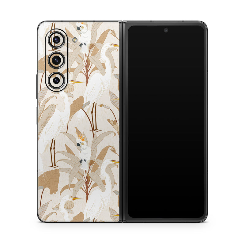 Samsung Galaxy Z Fold5 Skin design of Plant, Branch, Organism, Twig, Art, Fawn, Painting, Tail, Pattern, Illustration, with white, brown, gray, yellow, orange colors